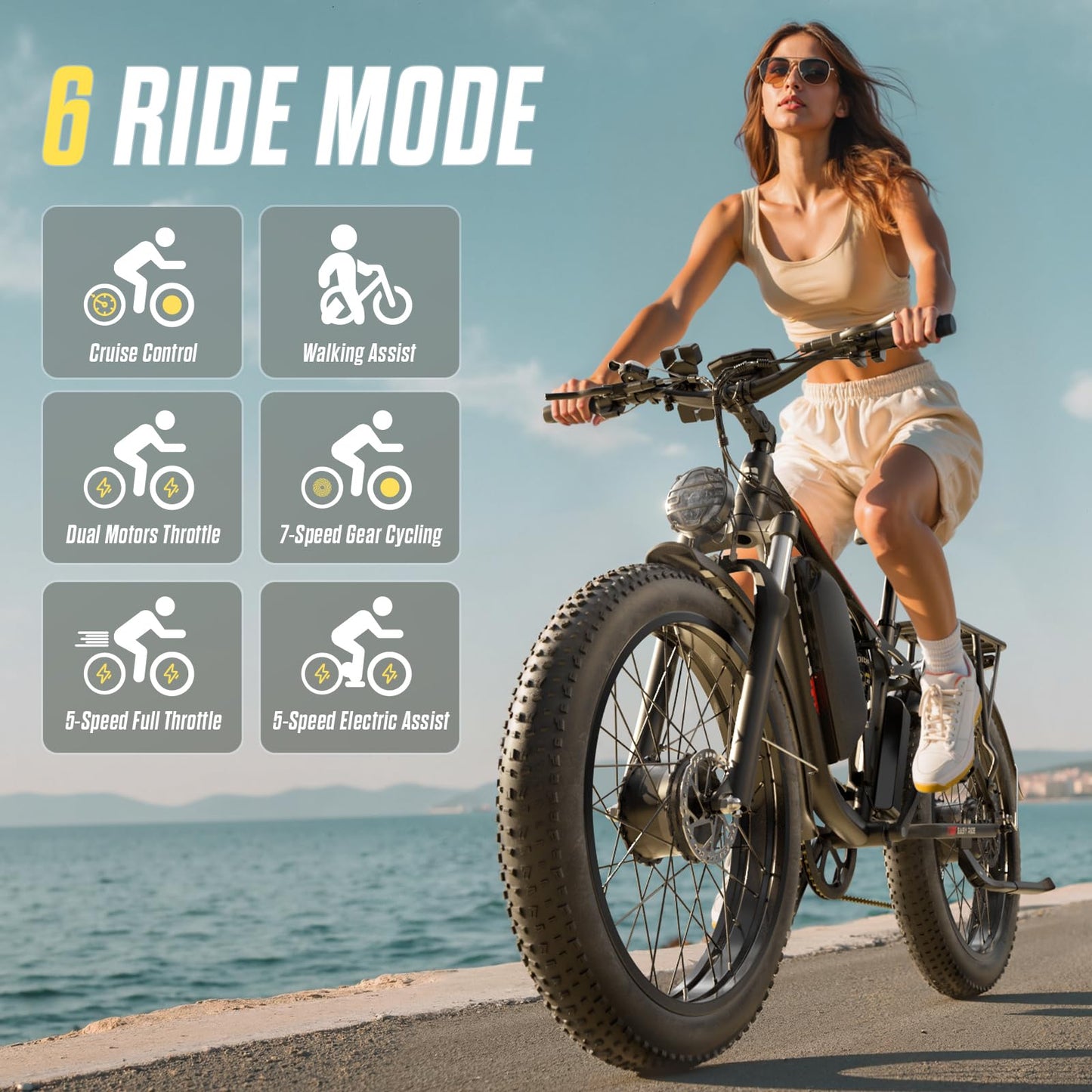 PUJH Electric Bike for Adults 5000W Dual Motors 60V 25Ah 24'' Fat Tire Fast Up to 45mph 35-100 Mileage Full Suspension Hydraulic Brake Class 3 Off-Road Mountain AWD Hunting Ebike for Men Women Black