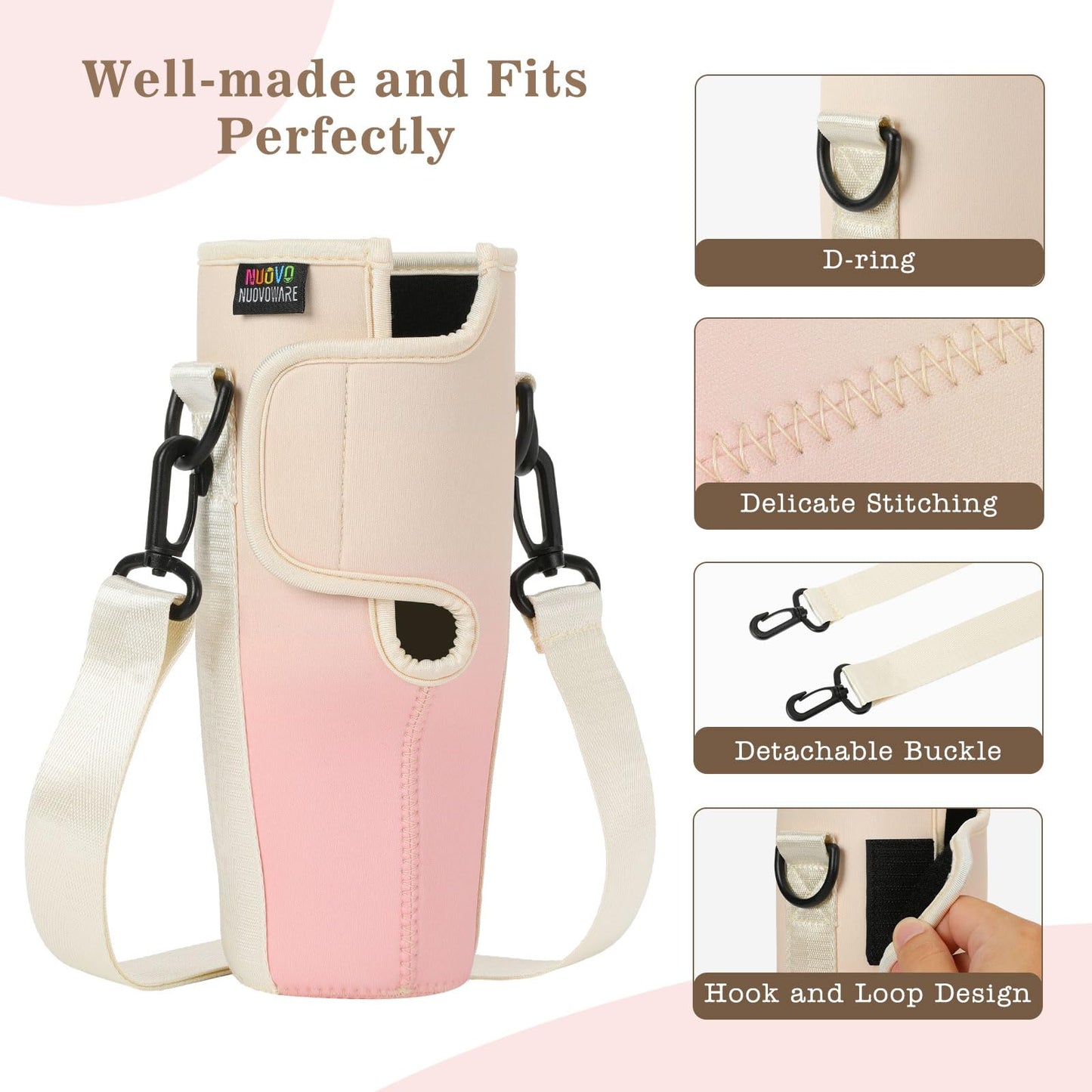 Nuovoware Water Bottle Carrier Bag Fits Stanley 40 Oz Tumbler With Handle, Water Bottle Bag With Adjustable Shoulder Strap, Water Bottle Holder Stanley Water Bottle Accessories, Gradient Pink white