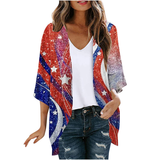 Women American Flag Lightweight Chiffon Cardigan Short Sleeve Flowy 4th of July Cover Up Casual Open Front Blouse Top Multicolor,XL
