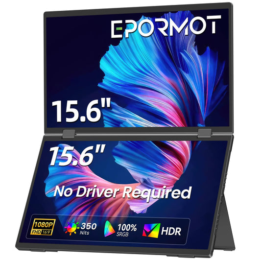 EPORMOT 15.6" Dual-Screen Portable Monitor, 350 Nits 1200:1 FHD IPS Seamless Extended Display, Dual Device Connection, Type-C/HDMI, Anti-Glare Eye Care, 105° Foldable Stand for Work & Travel