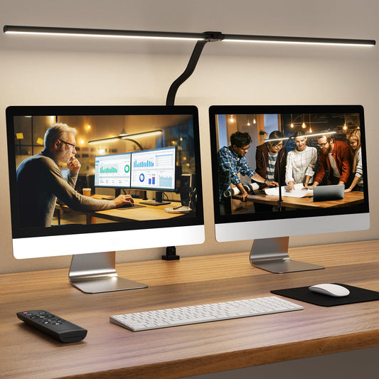 APMIEK LED Desk Lamp for Home Office, Remote Control Computer Desk Light Bright Table Lamp for Study Dimmable Desktop Lighting with Clamp Adjustable Gooseneck, Double Head, 24W, Black