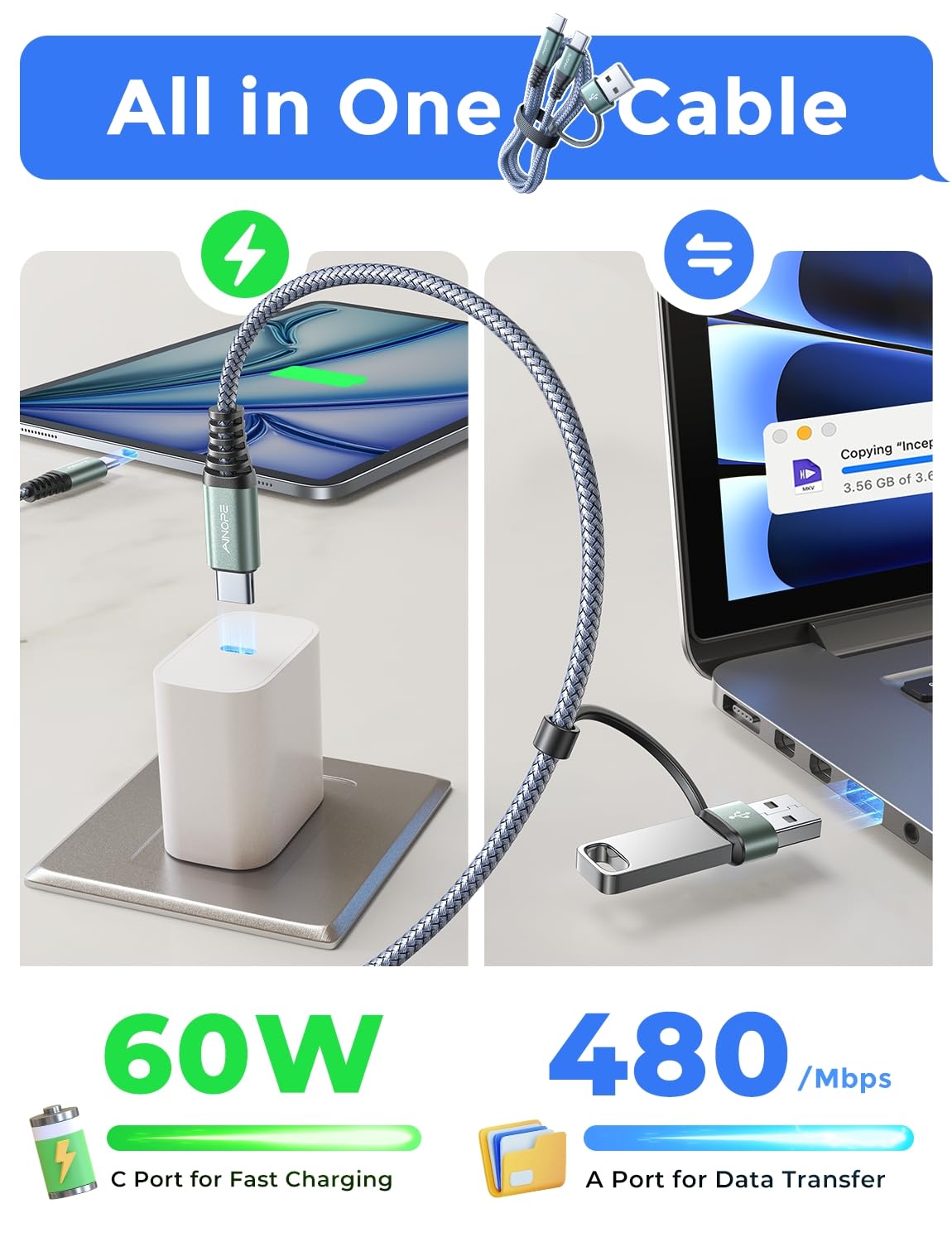 AINOPE USB C to USB C Cable, 10 FT USB C Cable Fast Charging with USB Adapter, 60W USB Type C Cable for iPhone 16 15 Pro Max Plus iPad MacBook Pro Air Samsung S25 Ultra Grey