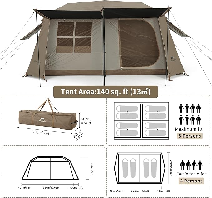 Naturehike Village Camping Tent,4/6/8 Person Tents for Camping, 60S Easy Setup Instant Tent for Family Camping, Car Camping