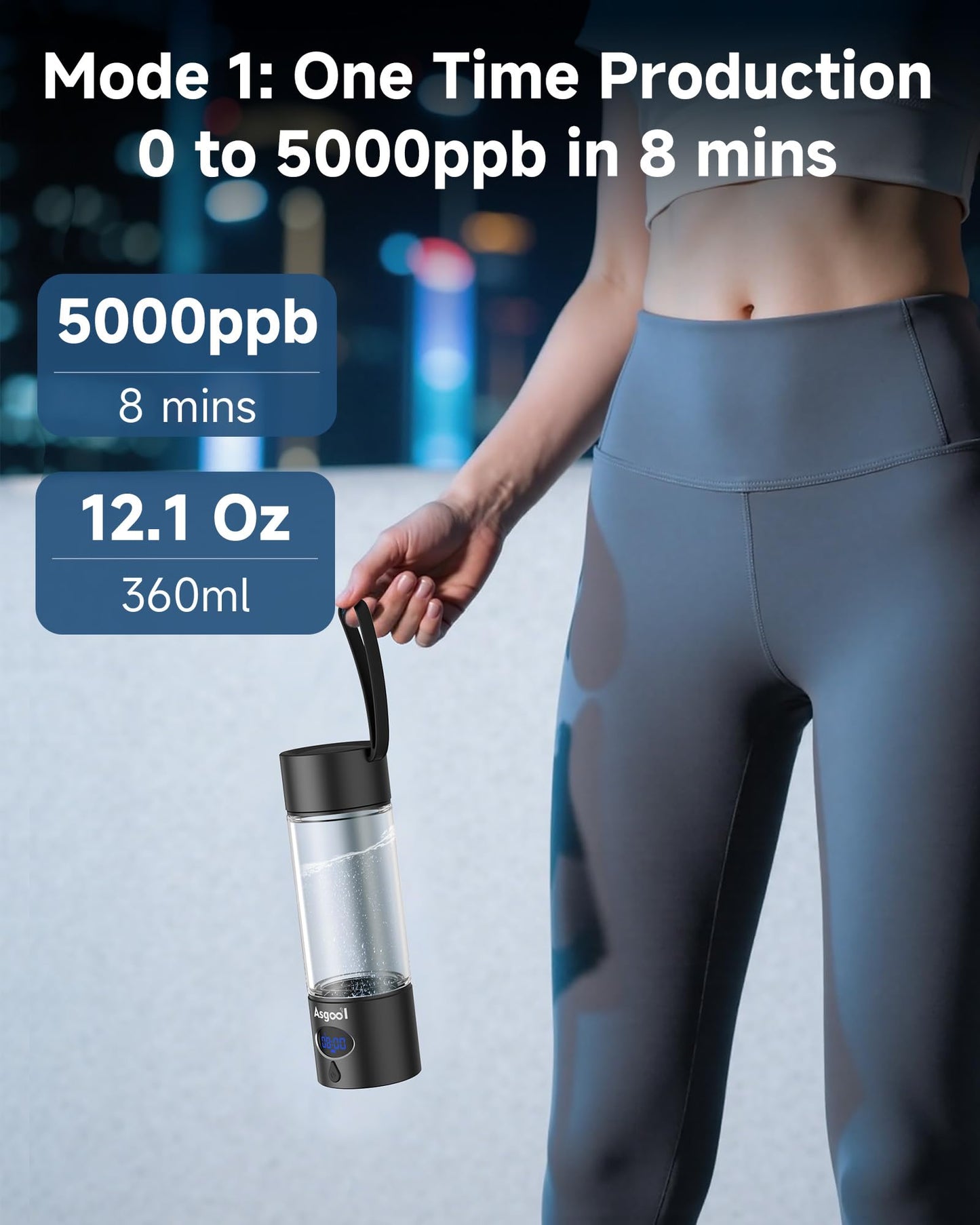 Hydrogen Water Bottle - 5000 ppb, Self Cleaning, Cyclic Mode for 8 Hours, FDA Certification, Portable, Rechargeable, LED Timer, Aluminum, Glass and Stainless Steel (Black, 360ml)