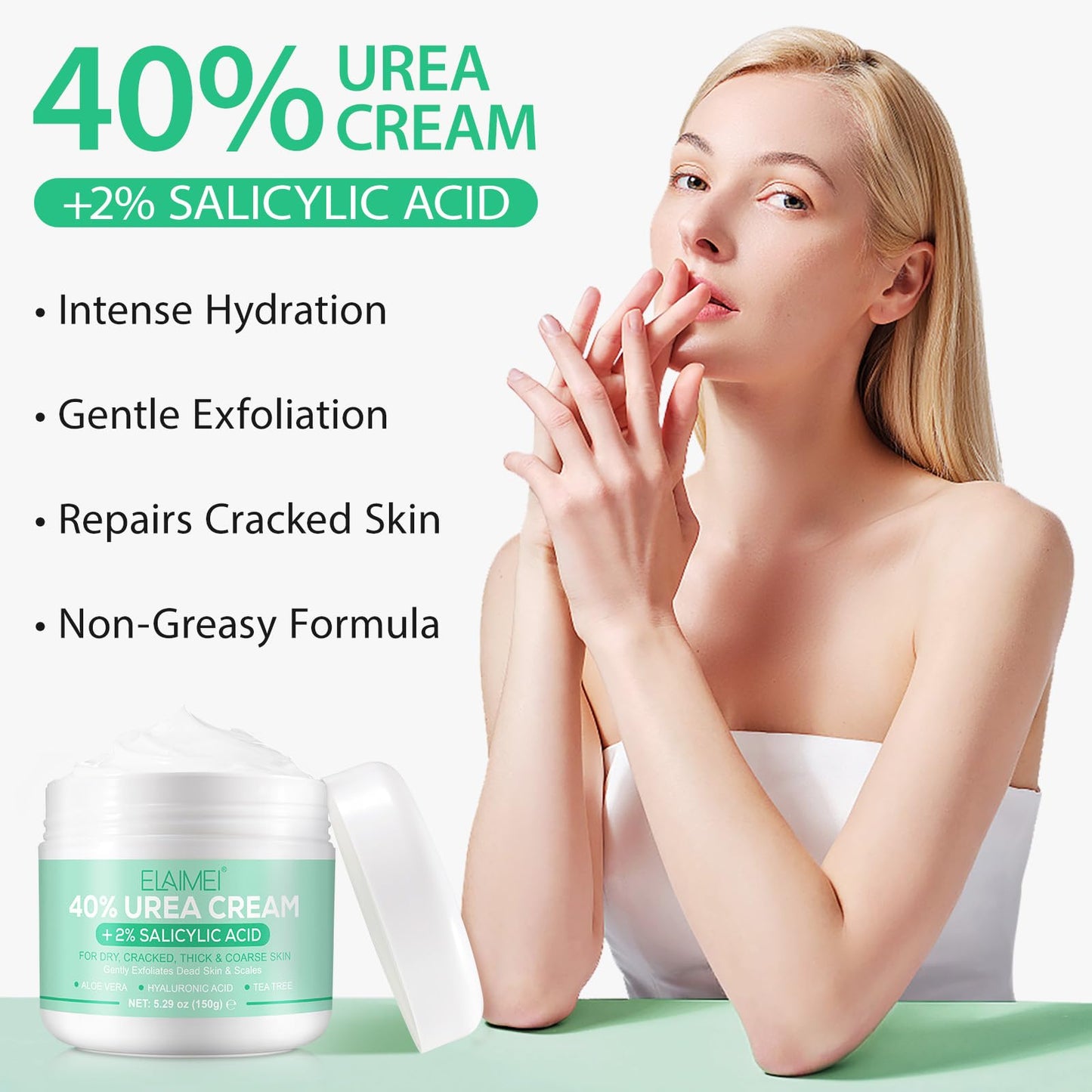 Urea Cream 40 Percent for Feet Maximum Strength,40% Urea Cream Plus 2% Salicylic Acid,Foot Cream and Hand Cream with Tea Tree,and Aloe Vera(5.29 OZ/150g/2pack)