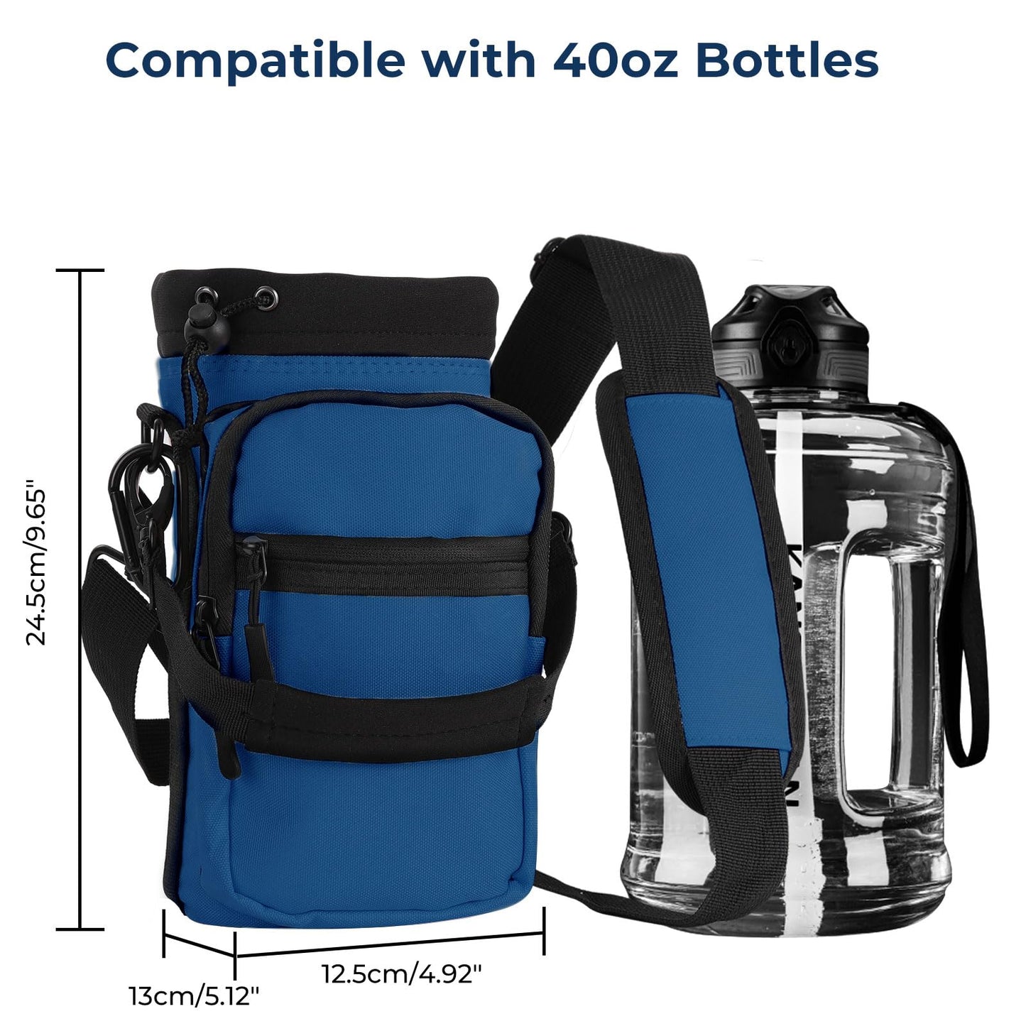 Nuovoware Water Bottle Carrier, 40oz Bottle Carrier Sports Water Bottle Holder with Adjustable Shoulder Strap, 2 Pockets Flask Sling Bag Drawstring Pouch for Climbing Hiking Walking, Blue