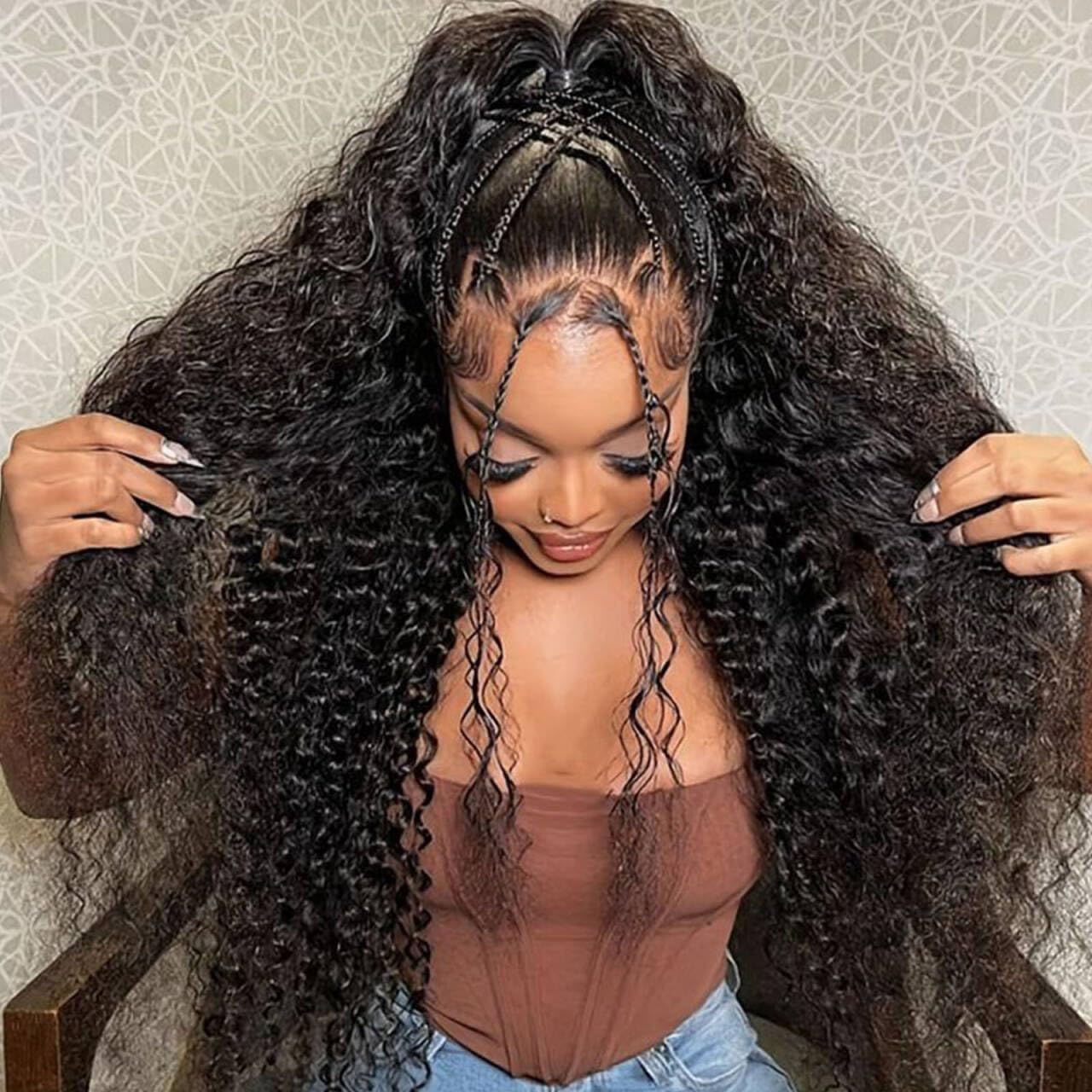 ANDRIA 13x4 HD Lace Front Wigs 28 Inch Black Curly Lace Front Wig with Baby Hair Pre-Plucked Glueless Lace Frontal Wigs Heat Resistant Synthetic Hair 200% Density Natural Color Long Deep Wave Wigs