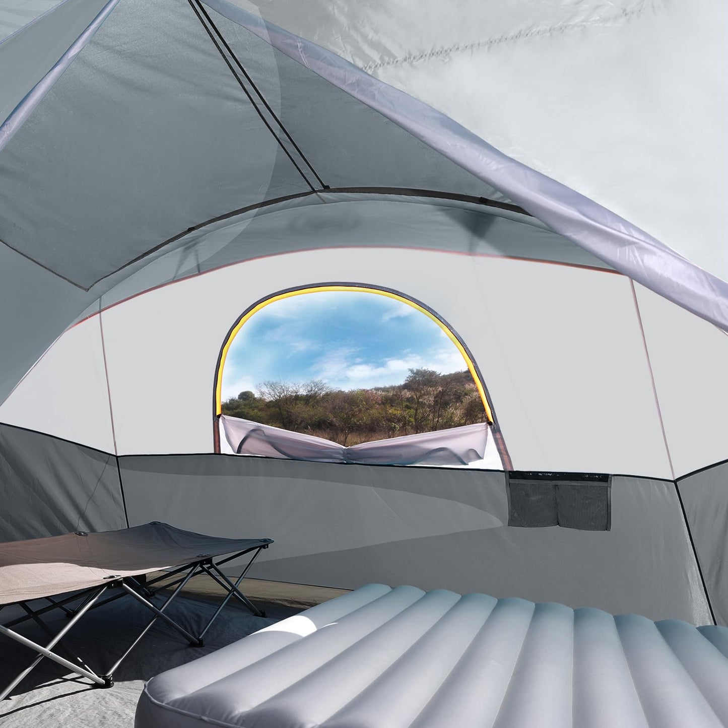 UNP Camping Tent 8/9 Person, Family Camping Tent, 5 Large Ventilation Mesh Windows, 14'x14'x78 inches Tall with Dividers Curtain for 2 Room