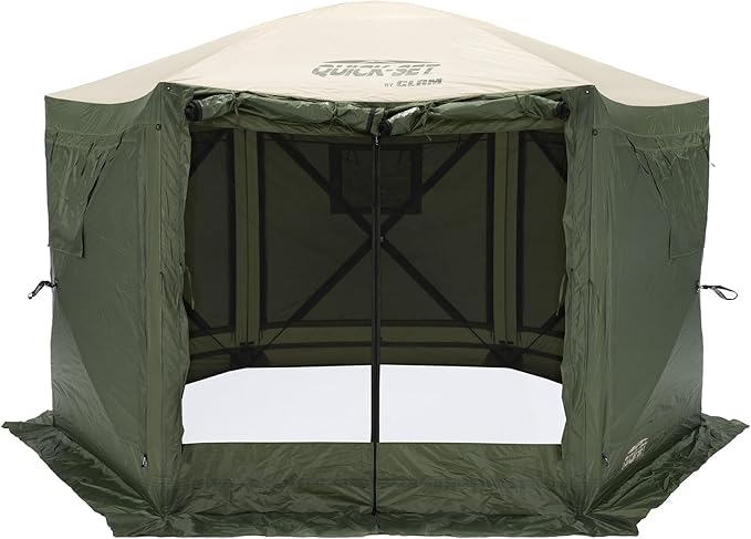 CLAM Pop Up Screen Tent, Outdoor Camping Gazebo Canopy, Pavilion, 12.5', Green/Tan