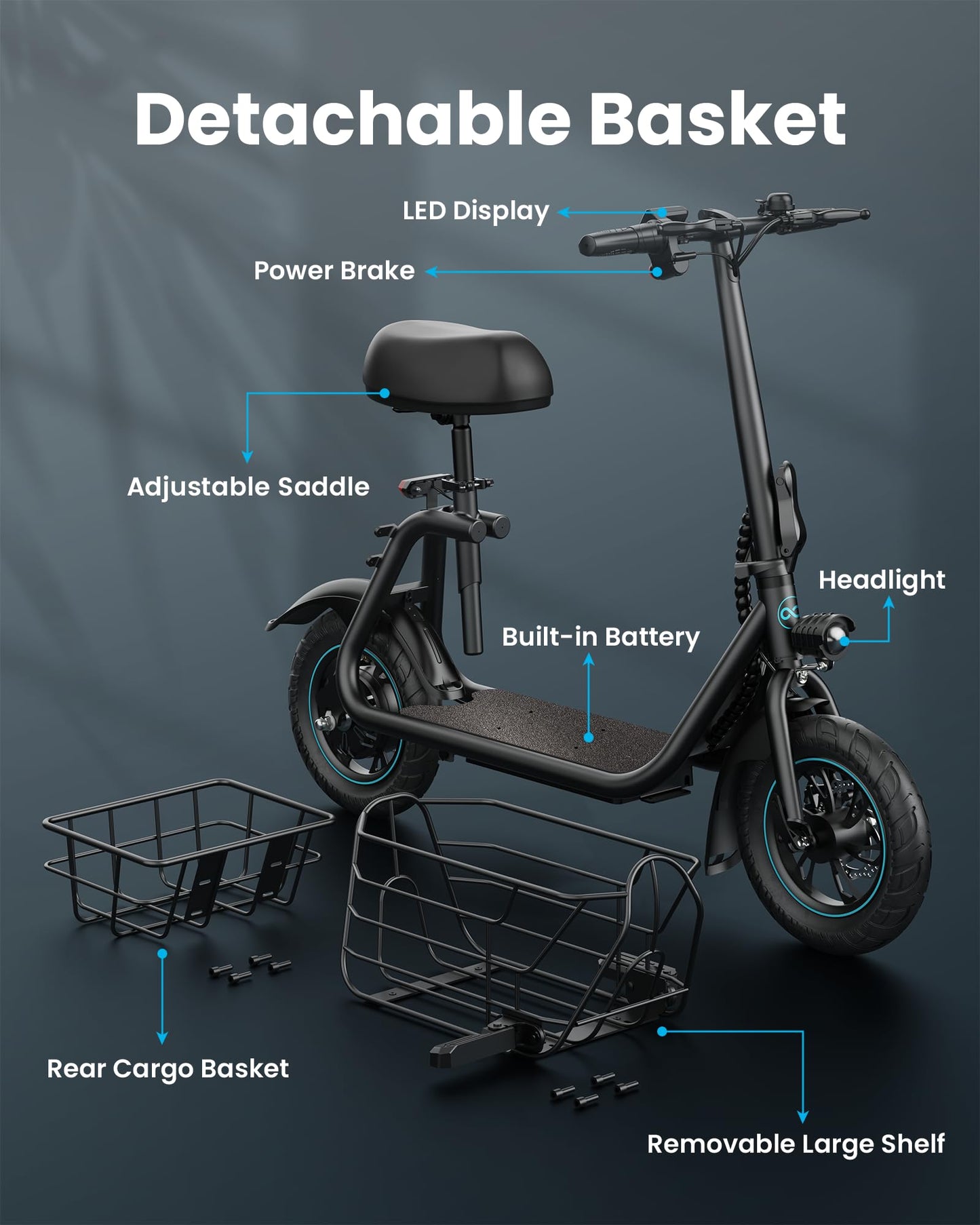 Gyroor Adults Electric Scooter with Large Middle Basket, 550W Motor 18.6 MPH 20 Mile Distance, Foldable E-Scooter with seat for Pets & Cargo, C1S-FP9