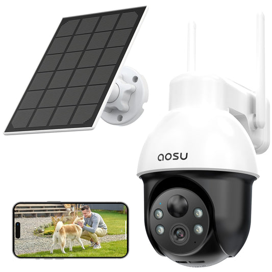 AOSU Solar Security Camera Wireless Outdoor System, 3K/5MP Battery Powered WiFi Camera for Home Security, Panoramic PTZ, Auto Tracking, Human/Vehicle Detection, Night Vision, Spotlights, 2-Way Talk