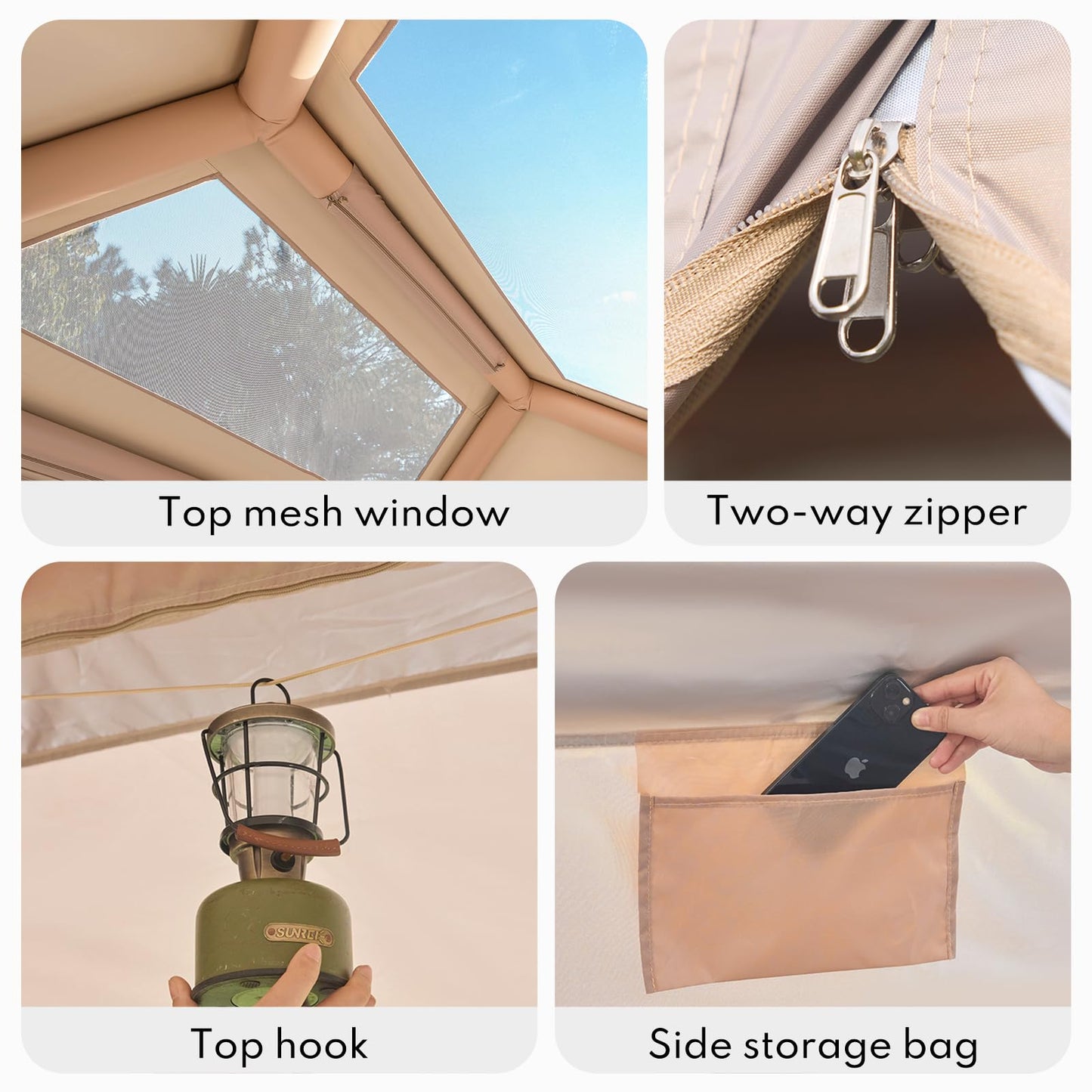 Inflatable Tents for Camping, Blow Up Tent with Hand Pump, 3-4 Person Air Glamping Tent with Canopy, Easy Setup 4 Season Waterproof Windproof Outdoor Glamping House（Brown）