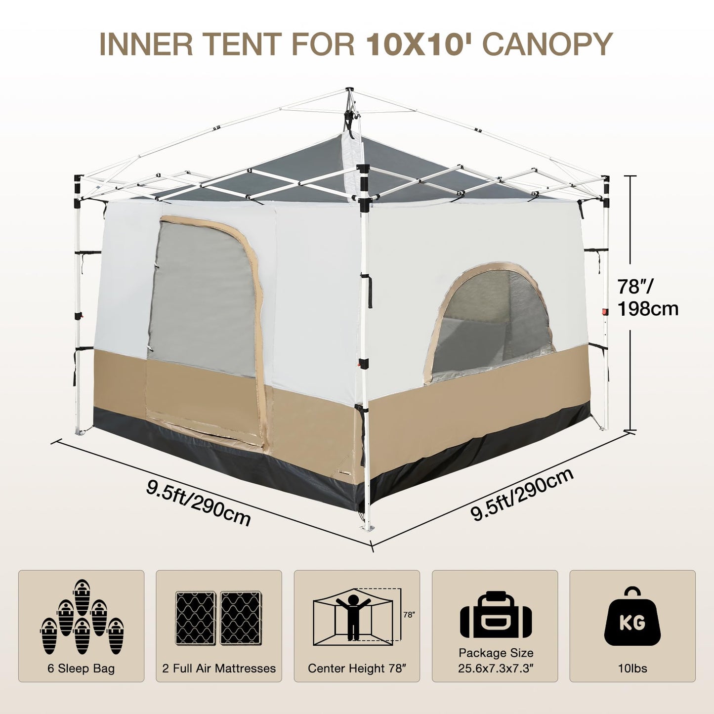 REDCAMP Canopy Camping Tent for Pop Up Canopy Tent, Inner Tent with Mesh Window, Converts Straight Leg 10'x10' or 10'x20' Canopy into Camping Tent, Fits 4-6 Person, Khaki(Frame/Shelter NOT Included)