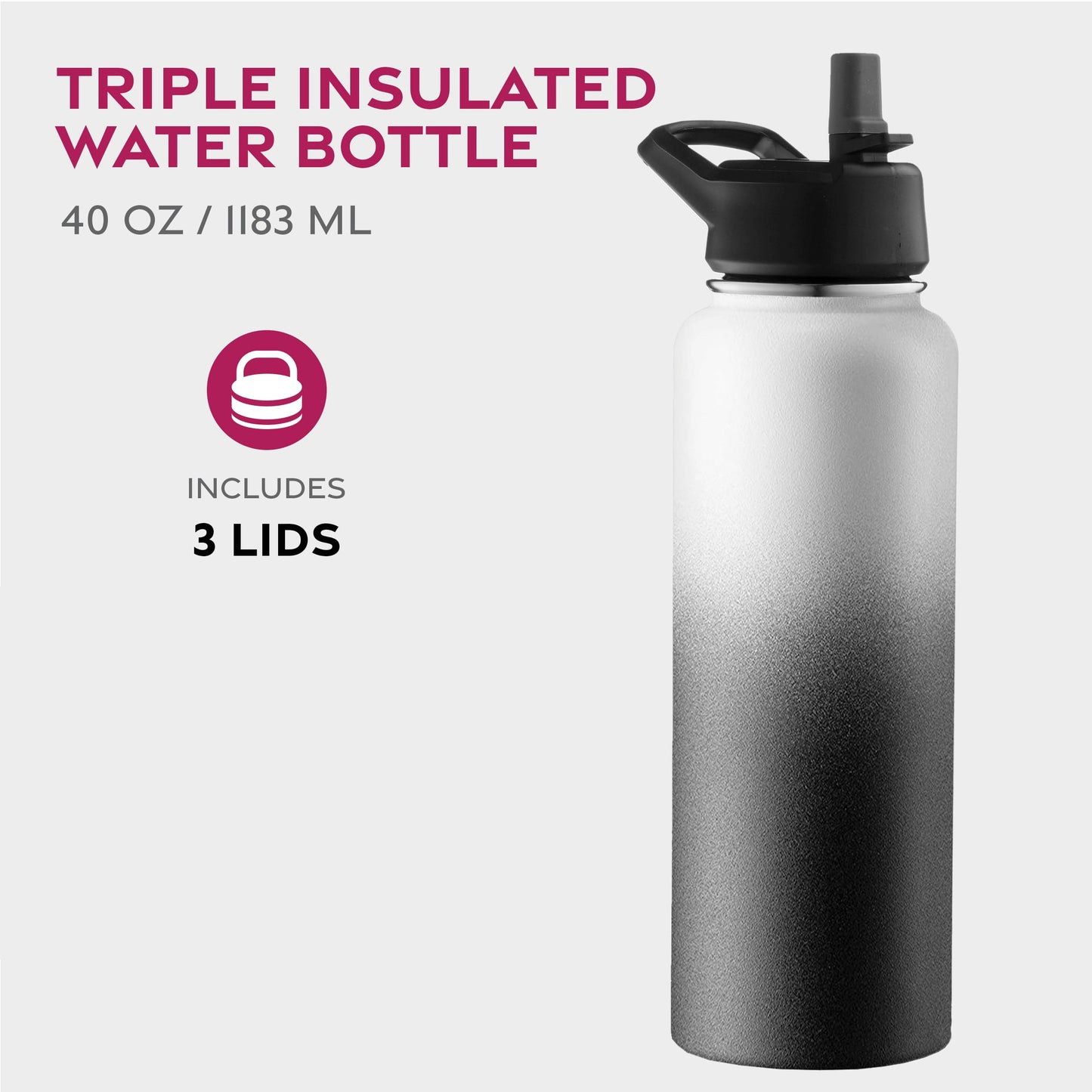 FineDine Triple Walled, Insulated Water Bottles with Straw - 40 Oz Stainless Steel Metal Bottle W/ 3 Leak Proof Lids - For Travel, School, Sports, Gym / Men, Women & Kids - Dreamy Black-White