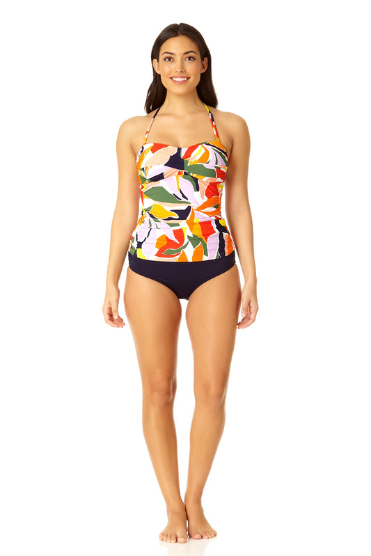 Anne Cole Women's Standard Solid Twist Front Shirred Bandeau Tankini Swim Top, Palm Party