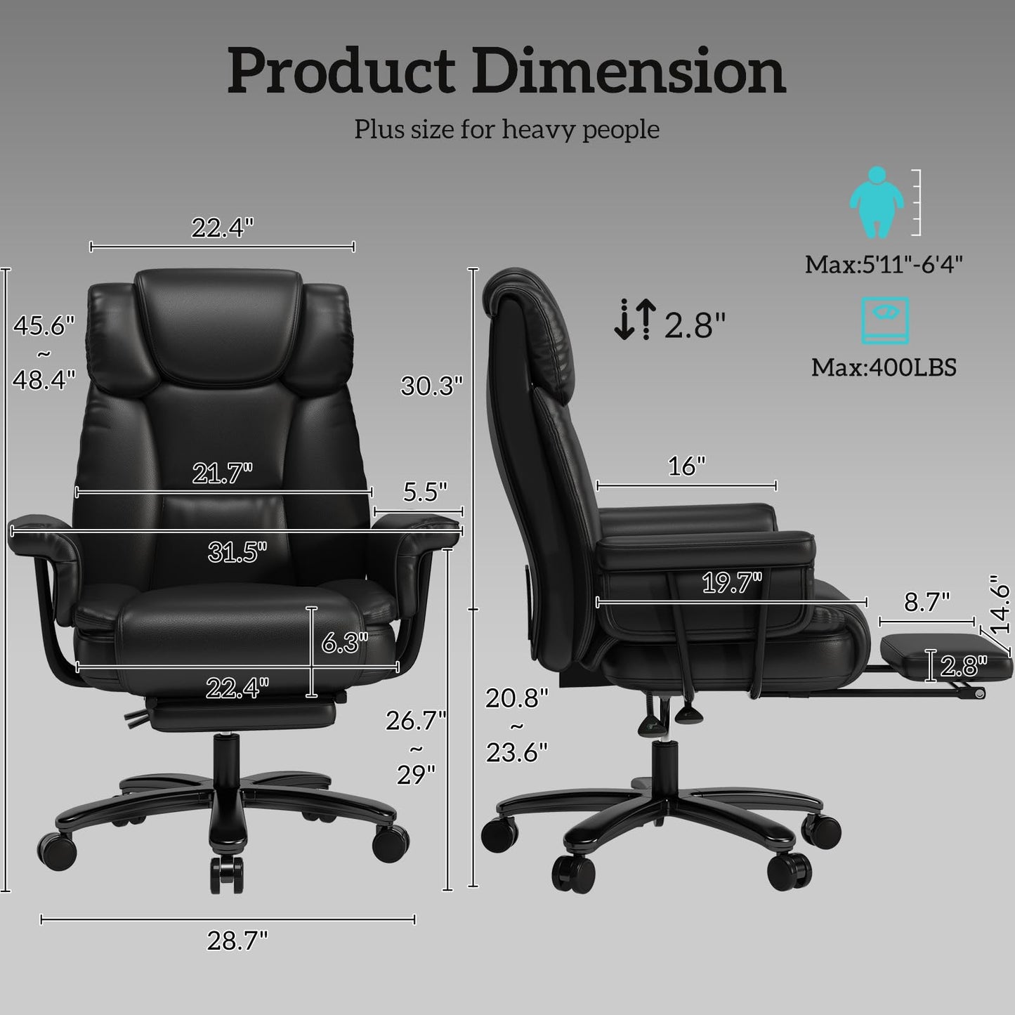 GYI Big and Tall Office Chair 400LBS, 160° High Back Reclining Office Desk Chair with Wide Seat, Arms, Footrest, Black