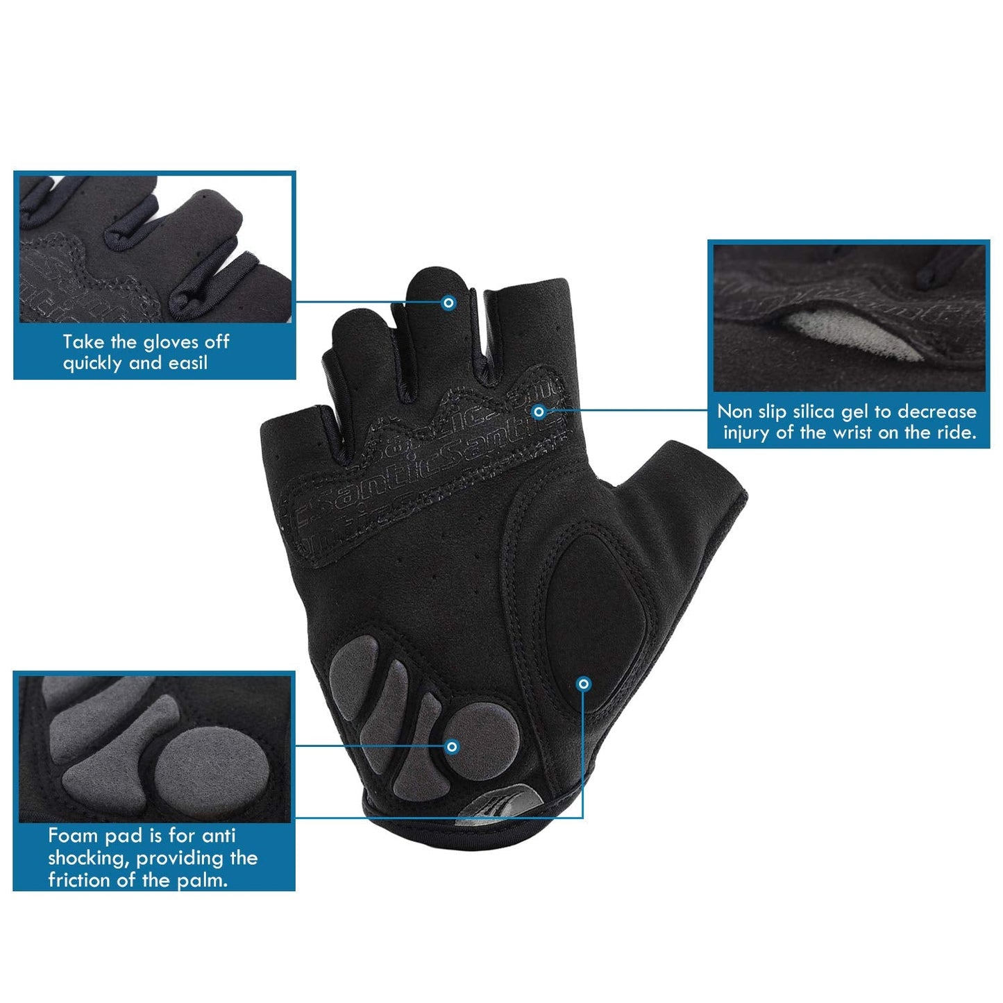 Santic Classic Fingerless Cycling Gloves with Shock-Absorbing Foam Pad Breathable Half Finger Moutain Bike Bicycle Riding Gloves for Men and Women Black S