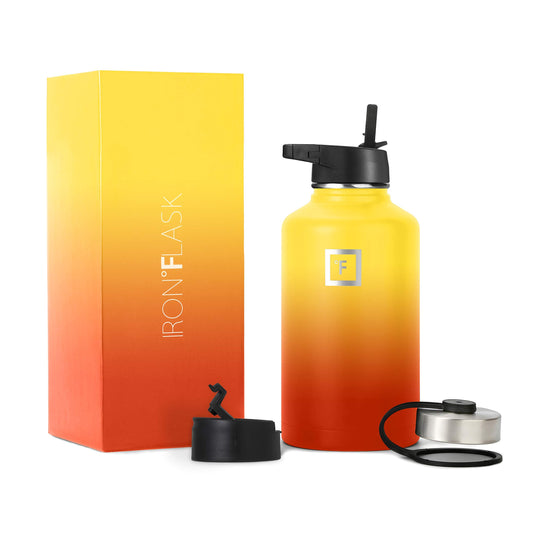 IRON °FLASK Sports Water Bottle - 64 oz, 3 Lids (Straw Lid), Stainless Steel Vacuum Insulated, Hot Cold, Modern Double Walled, Simple Thermo Mug (Fire)