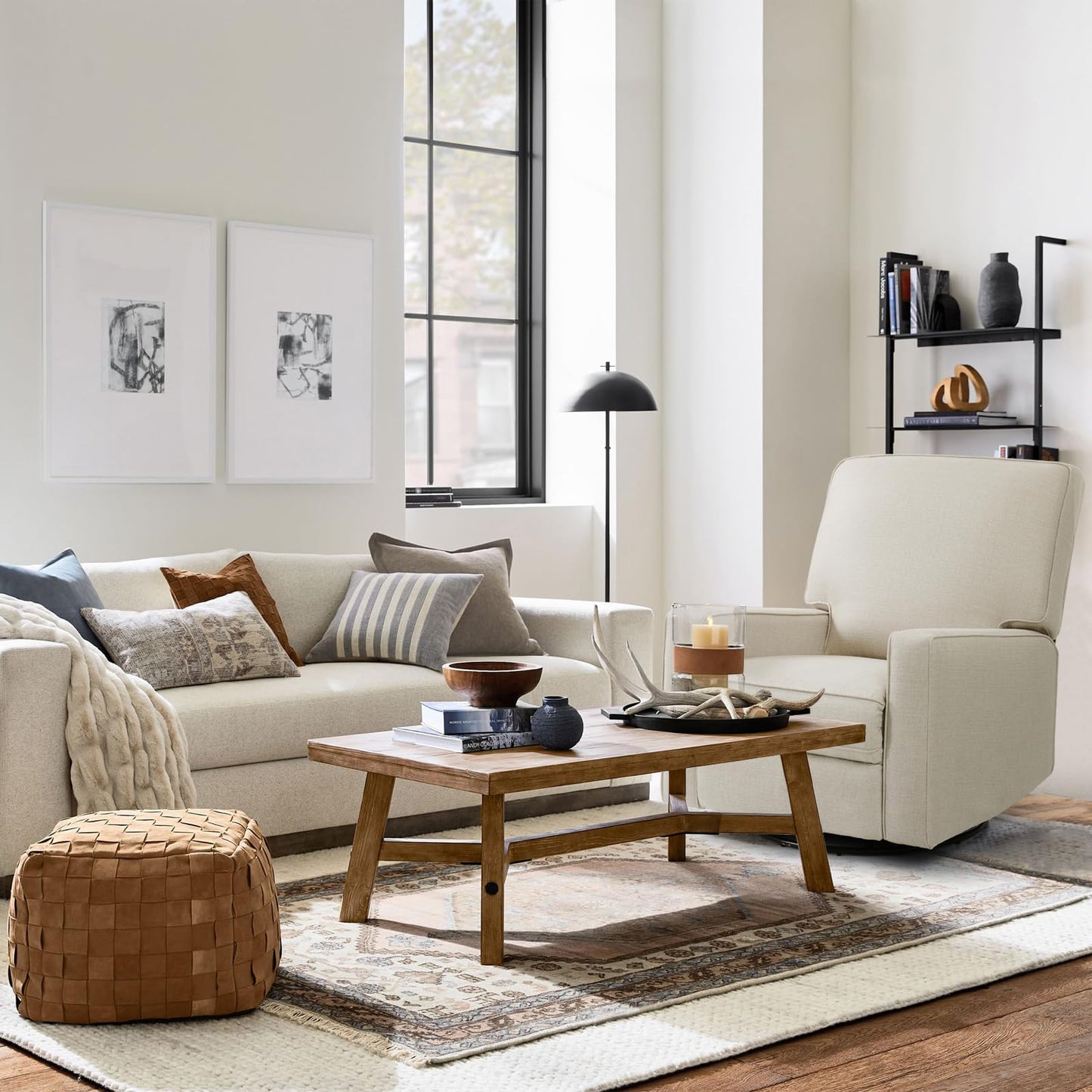 Harkawon Swivel Rocker Recliner Chair, Glider Rocker Recliner, Rocking Chair Nursery, Fabric Chair with High Back, Deep Seat, for Living Room, Bedroom, Beige+Brown