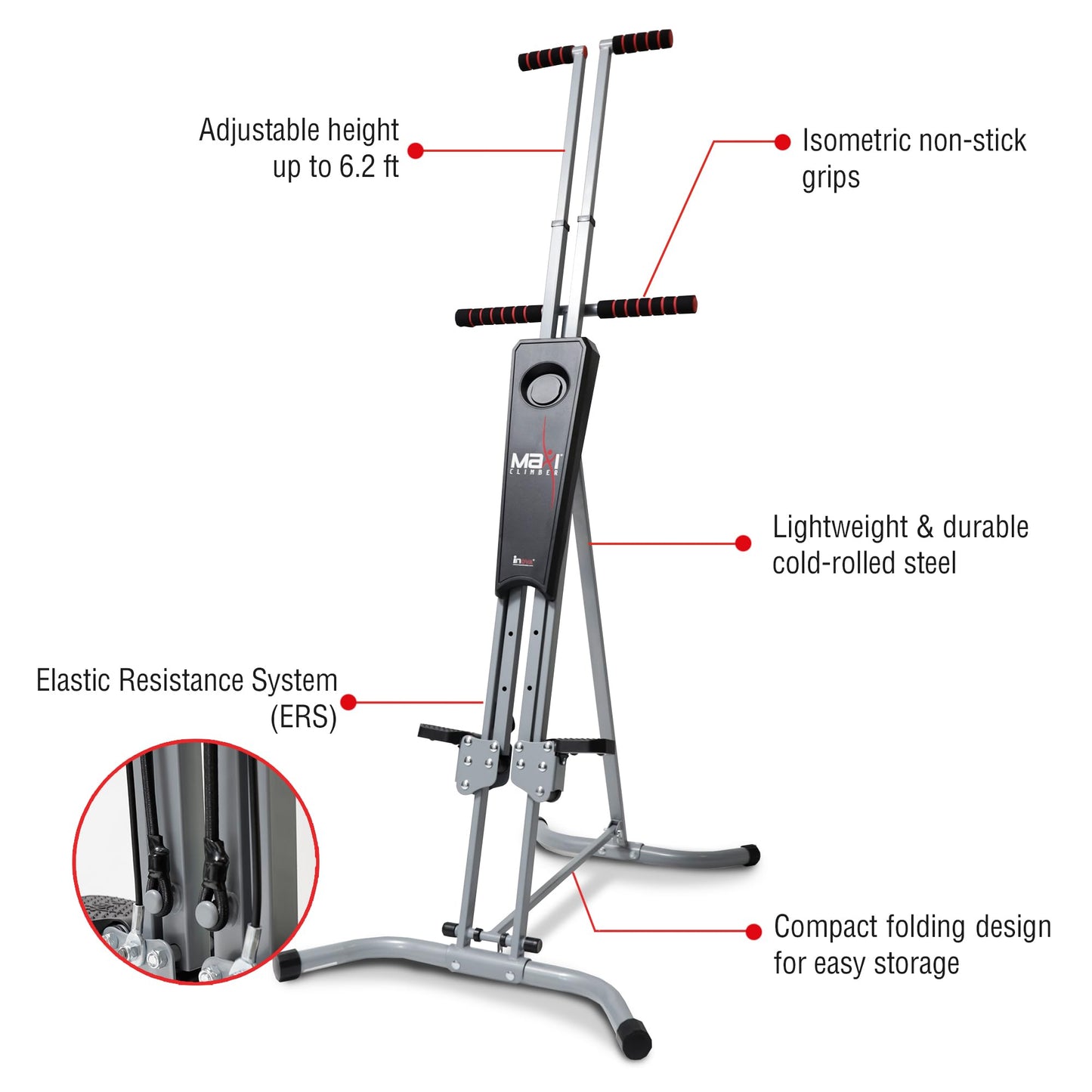 MaxiClimber Vertical Climber Provides an Adjustable Platform to Target Power, Strength and Endurance Training for a Full-Body Workout. Free Fitness App and ERS Resistance