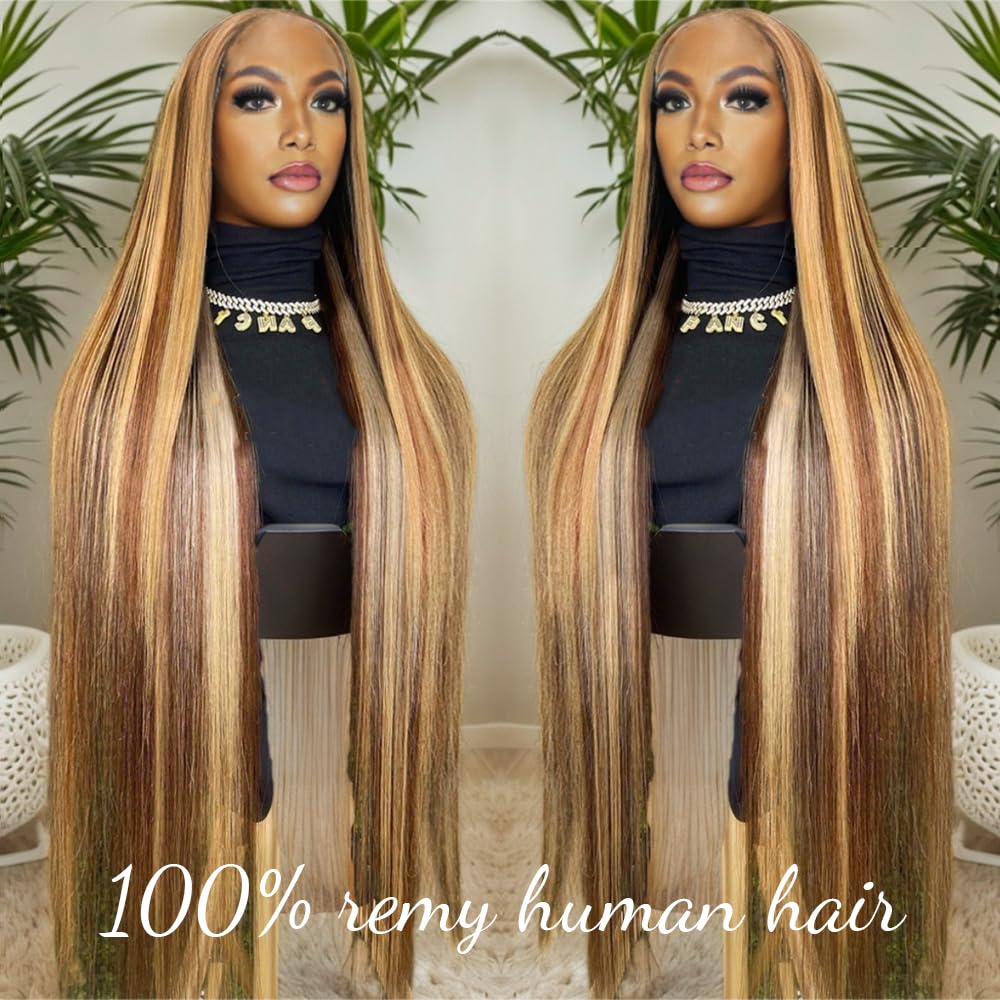 ALLRUN Highlight Lace Front Wig Human Hair 13x6 Highlight Wigs Human Hair Straight P4/27 Highlight Ombre Human Hair Honey Blonde Wig Hd Lace Front Wigs Pre-Plucked With Baby Hair 22 Inch