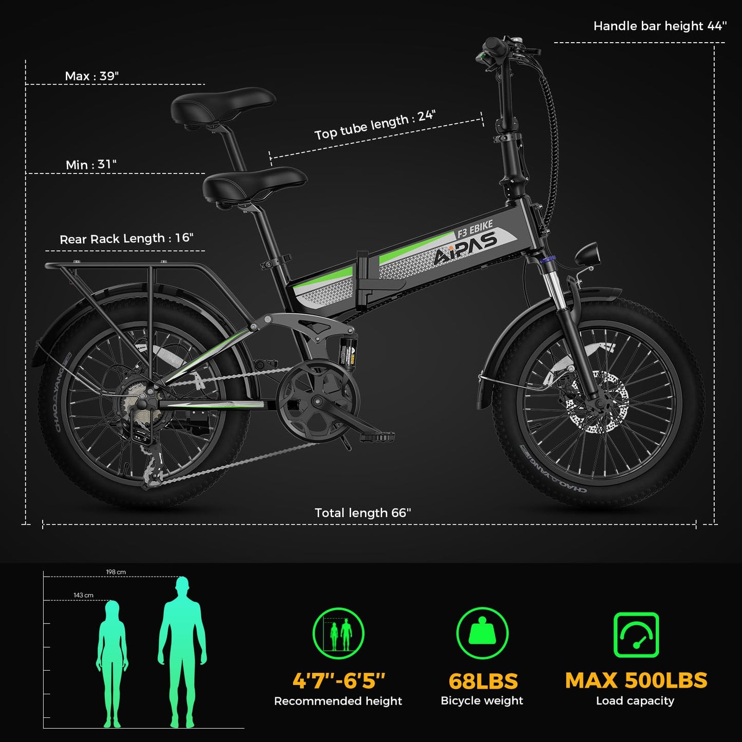 Aipas F3 Electric Bike for Adults with 1500W Motor Peak, 48V 12.8Ah Removable Battery Max 62 Miles 28MPH,20" x 3.0 Fat Tire Folding Electric Bike with 7-Speed and Full Suspension.