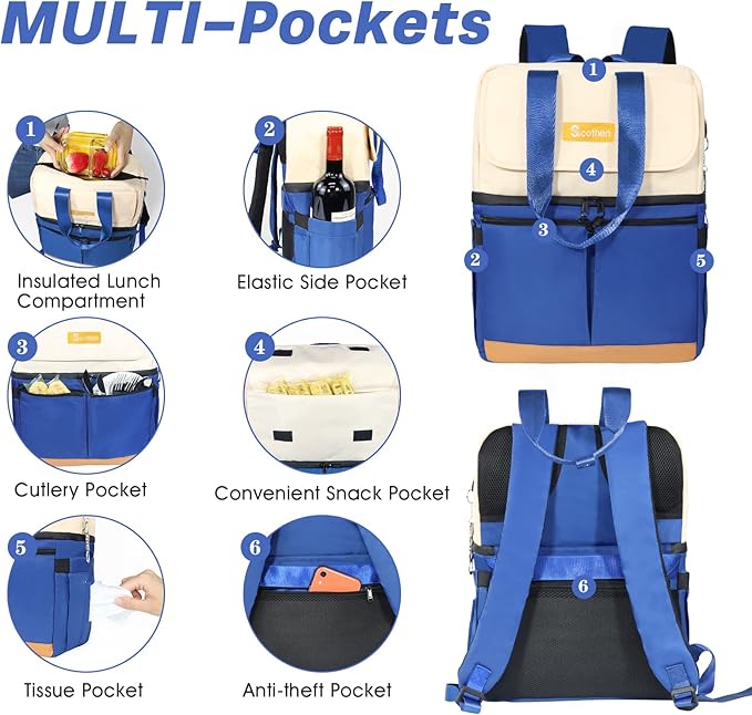 Backpack Cooler with Double Decker & 12 Ice Packs- Keeps 36 Cans Cold for Up to 24 Hours- Waterproof & Leak Proof Insulated Cooler Backpack- Stylish Cooler Bookbag for Women Travel Work Beach