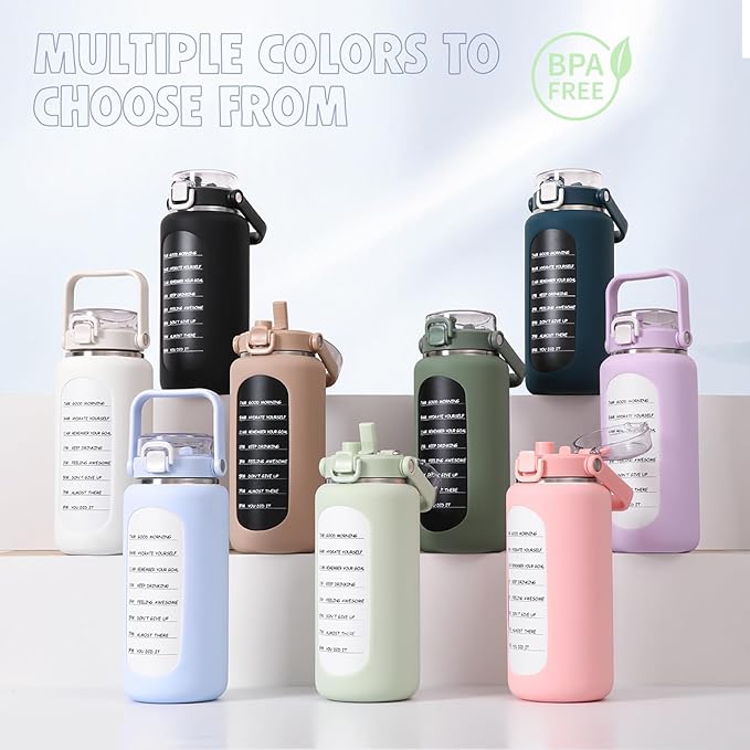 BLUEGO 64oz Insulated Water Bottle with Straw and Handle Leakproof Half Gallon Wide Mouth Motivational Water Bottle, 2-IN-1 Straw Spout Lid Stainless Steel Water Jug for Sport Travel Gym-Light Blue
