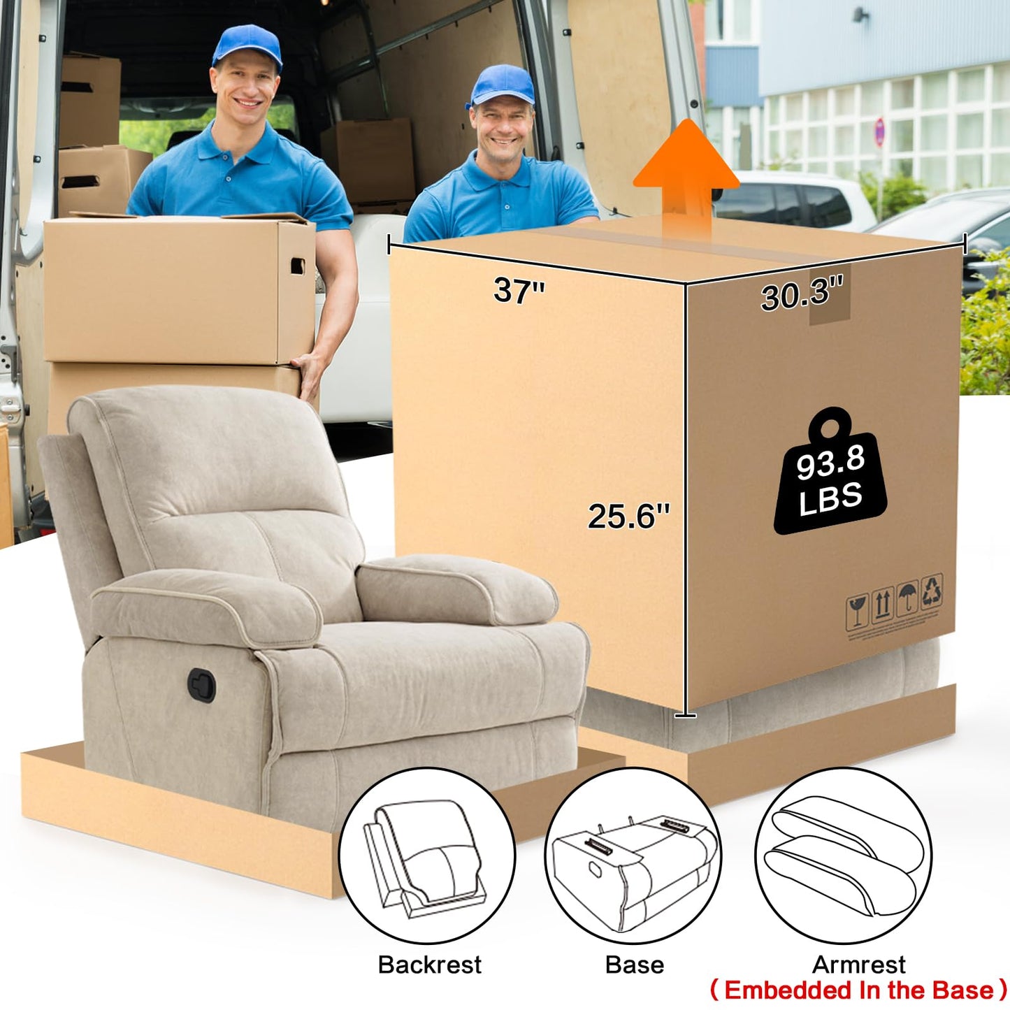 KeyEnergy Rocker Recliner Chair for Adults, Manual Glider Chair for Nursery, Reclining Single Sofa Chair for Living Room, Upholstered Fabric Armchair, High Back, Deep Seat, Beige