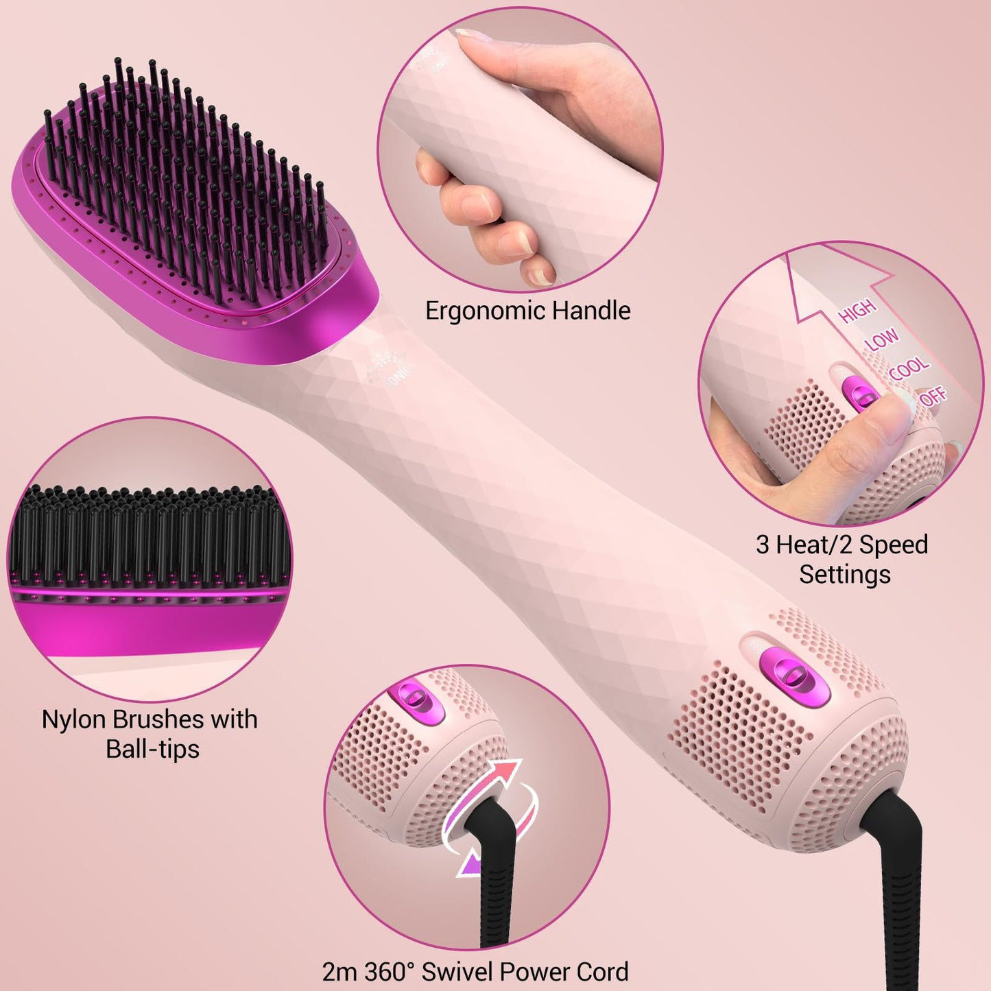 APOKE 3 in 1 Hair Dryer Brush Professional 1200W Powerful Ceramic Tourmaline 3 Heat/2 Speed Settings One Step Hair Dryer and Styler (Pink)