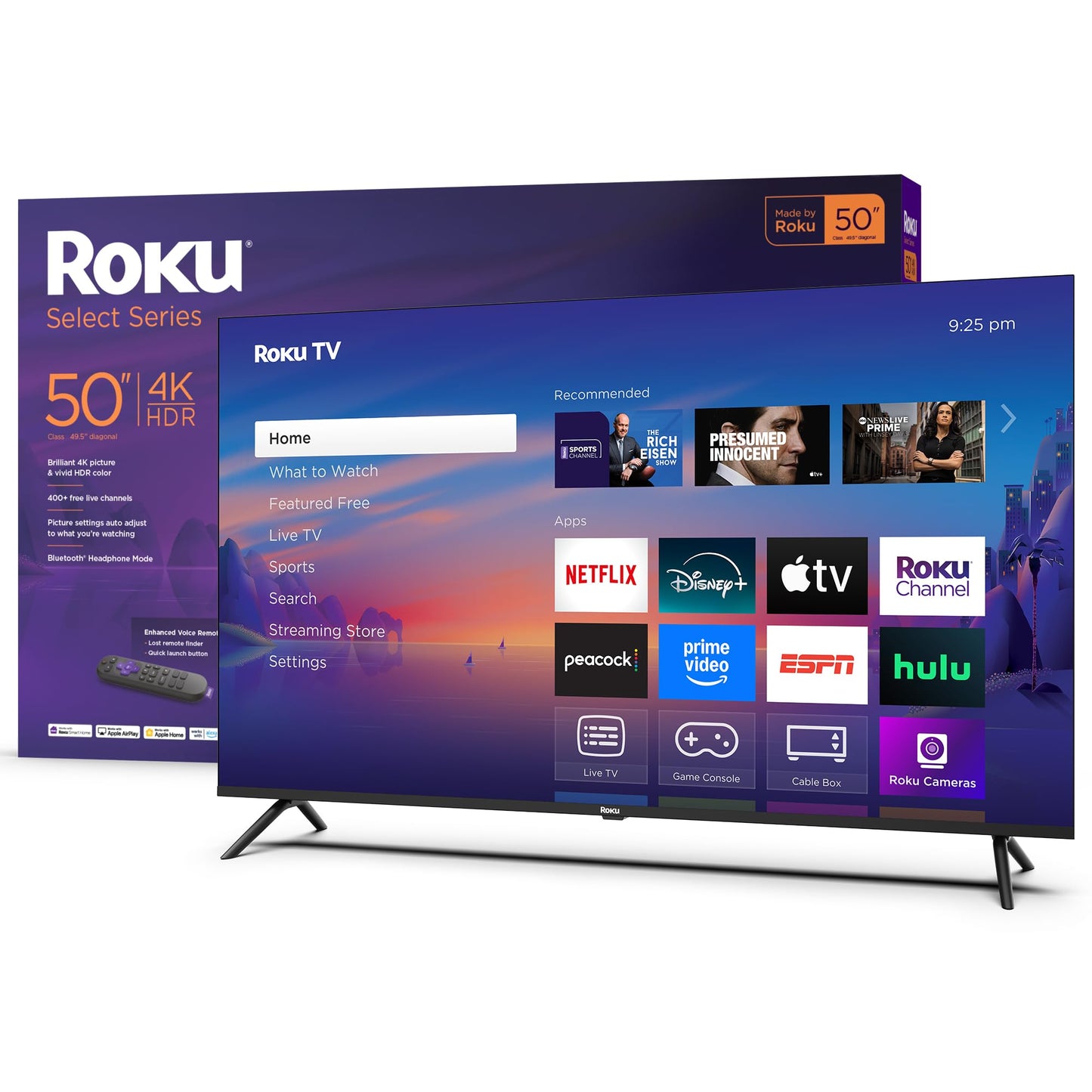 Roku Smart TV 2025 – 50-Inch Select Series, 4K HDR TV – RokuTV with Enhanced Voice Remote – Flat Screen LED Television with Wi-Fi for Streaming Live Local News, Sports, Family Entertainment