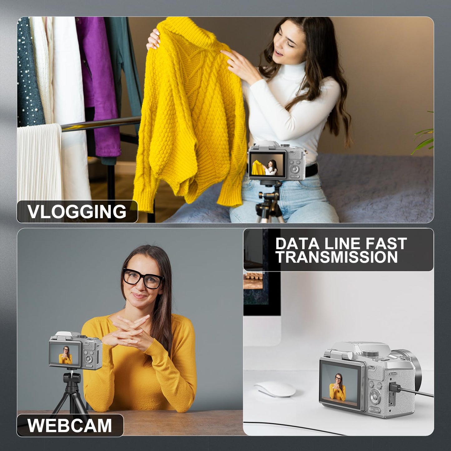 64MP Professional Digital Camera for Photography Autofocus, 5K Vlogging Camera for YouTube,16X Anti-Shake Compact Travel Camera with WiFi & App Control, Flash,SD Card, 2 Batteries (White)