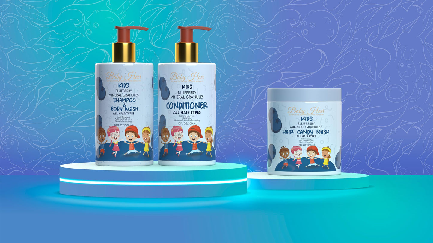 Baby Hair - Blueberry Mineral Toddler Shampoo/Body Wash, Conditioner, and Hair Mask Set, Sulfate-Free Shampoo and Conditioner with Strawberry & Blueberry Oil, Detangling Shampoo for Kids, 10 fl.oz.
