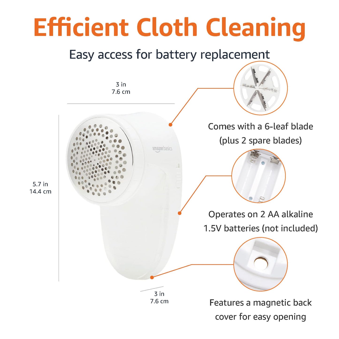 Amazon Basics Battery Operated Fabric Shaver for Lint and Fuzz Removal, Includes 2 Spare Blades, White