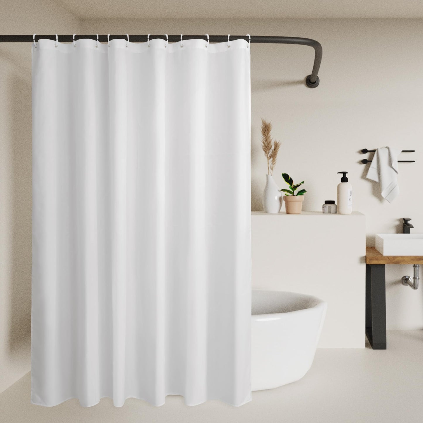 Sustainable Shower Curtain Liner, Recycled Polyester Material, Eco Friendly, Non Plastic & Freon-free Washable Fabric Shower Curtain Liner with Magnets, 72"x72" Shower Liner for Bathroom, White