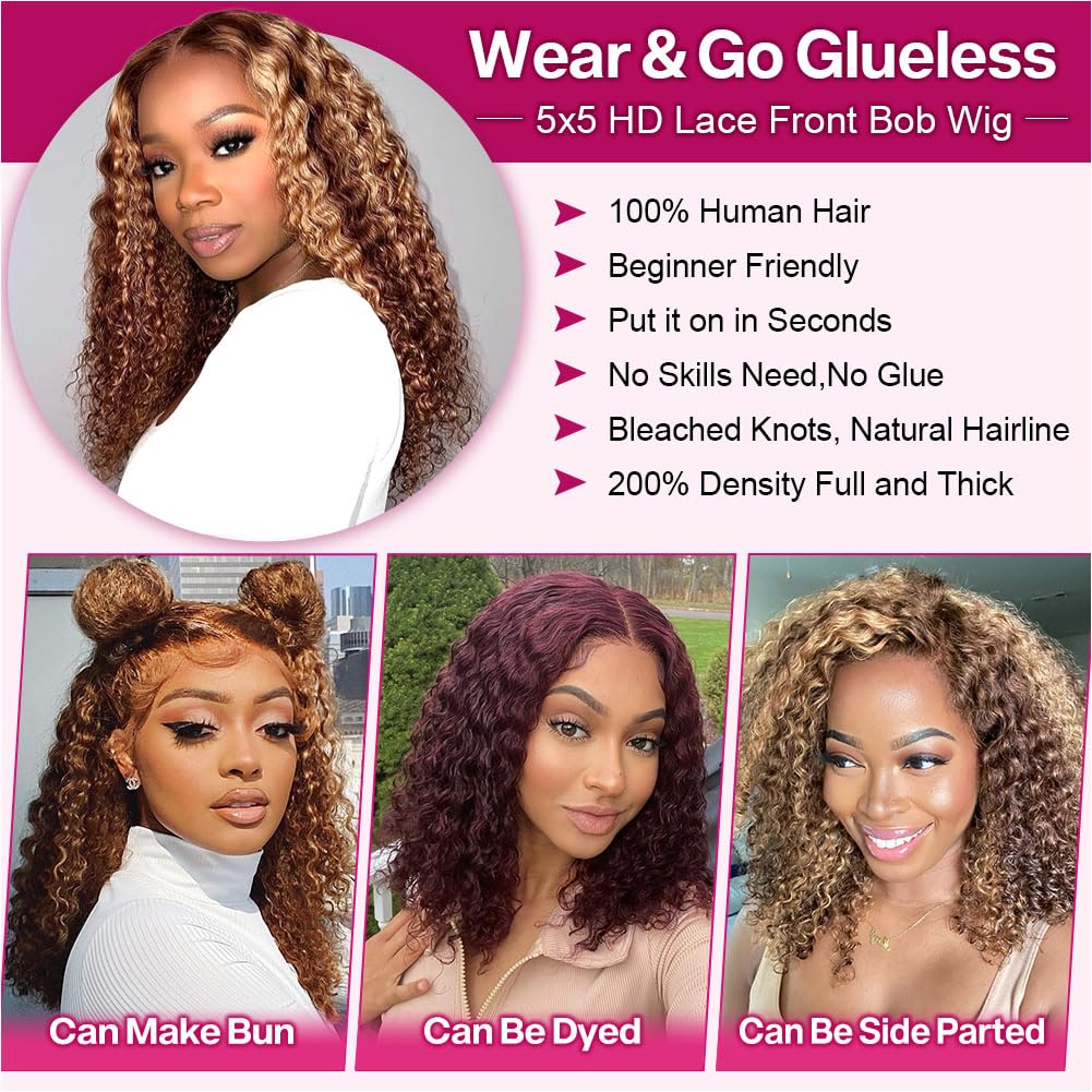 Ailwelia Highlight Blonde Wear And Go Glueless Curly Bob Wig Pre Plucked 4/27 5x5 Hd Lace Closure Wigs Human Hair For Black Women 200% Density Deep Wave Glueless Wigs Human Hair Bob 12 Inch