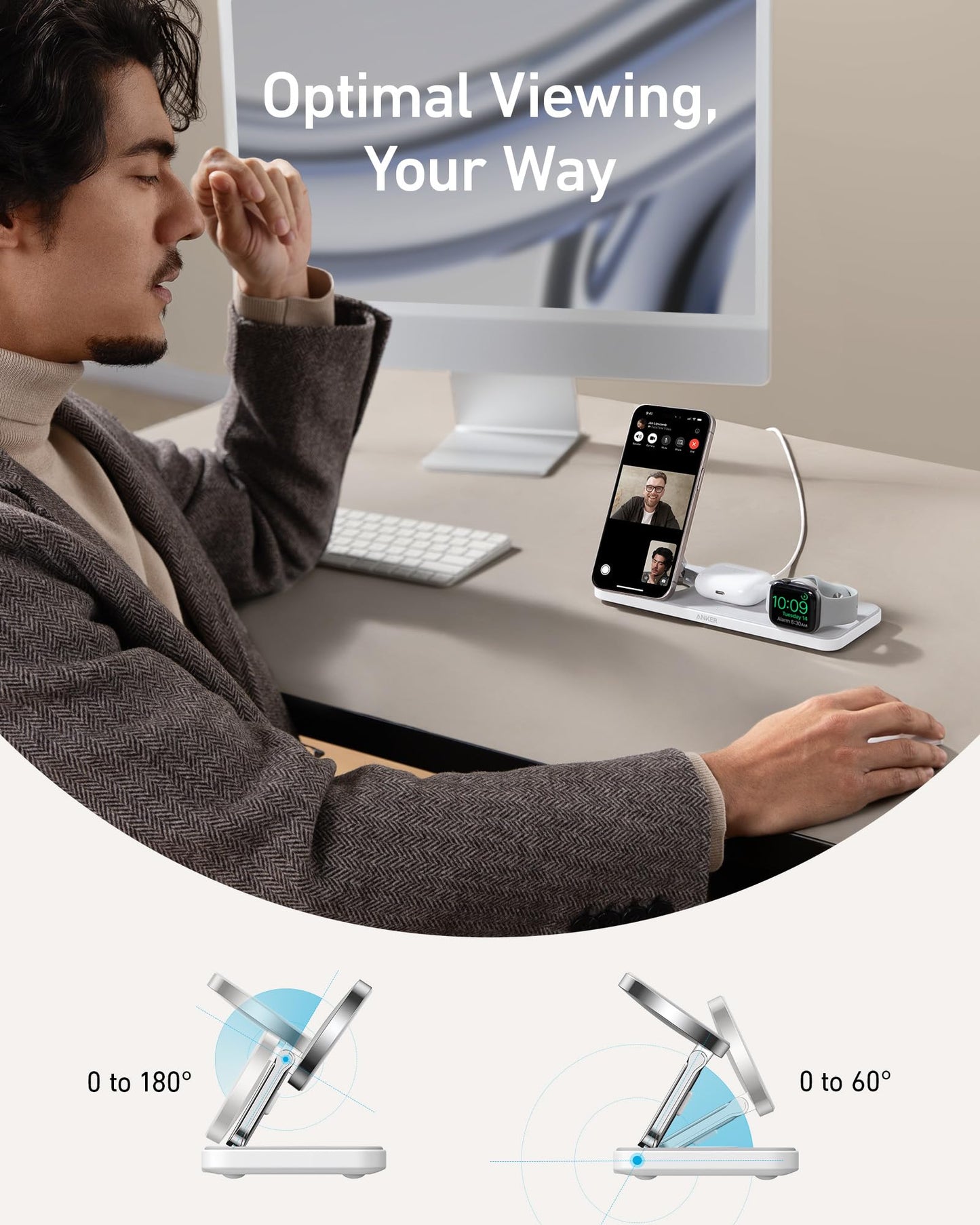 Anker iPhone 16 Foldable 3-in-1 Wireless Charging Station, Qi2 Certified 15W Ultra-Fast MagSafe-Compatible Wireless Charger, for iPhone 15/14 Series, AirPods, Apple Watch (USB-C Charger Included)