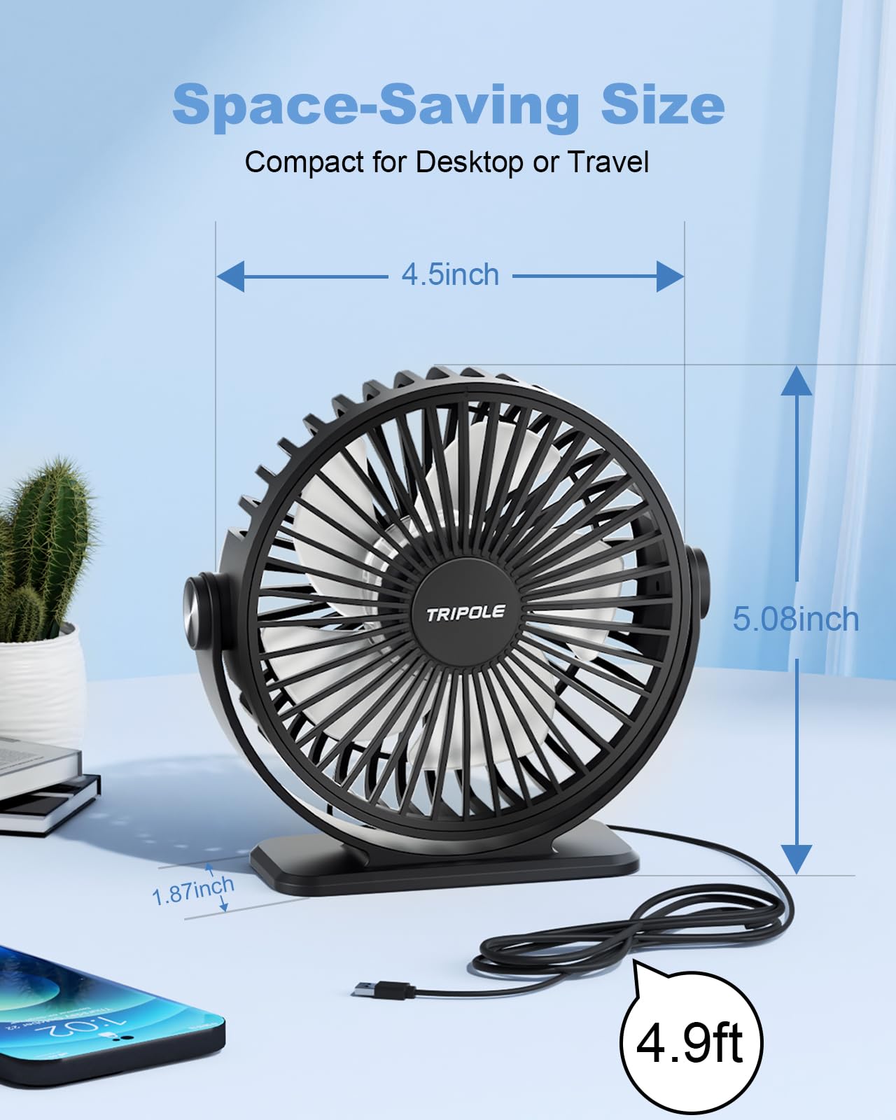 TriPole Desk Fan USB Powered Small Portable Fan, 3 Speeds Adjustable Strong Breeze Mini Personal Fans, 360° Rotation Quiet Plug In USB Fans for Desktop Bedroom Office Table Travel, Black, 4.9ft Cable