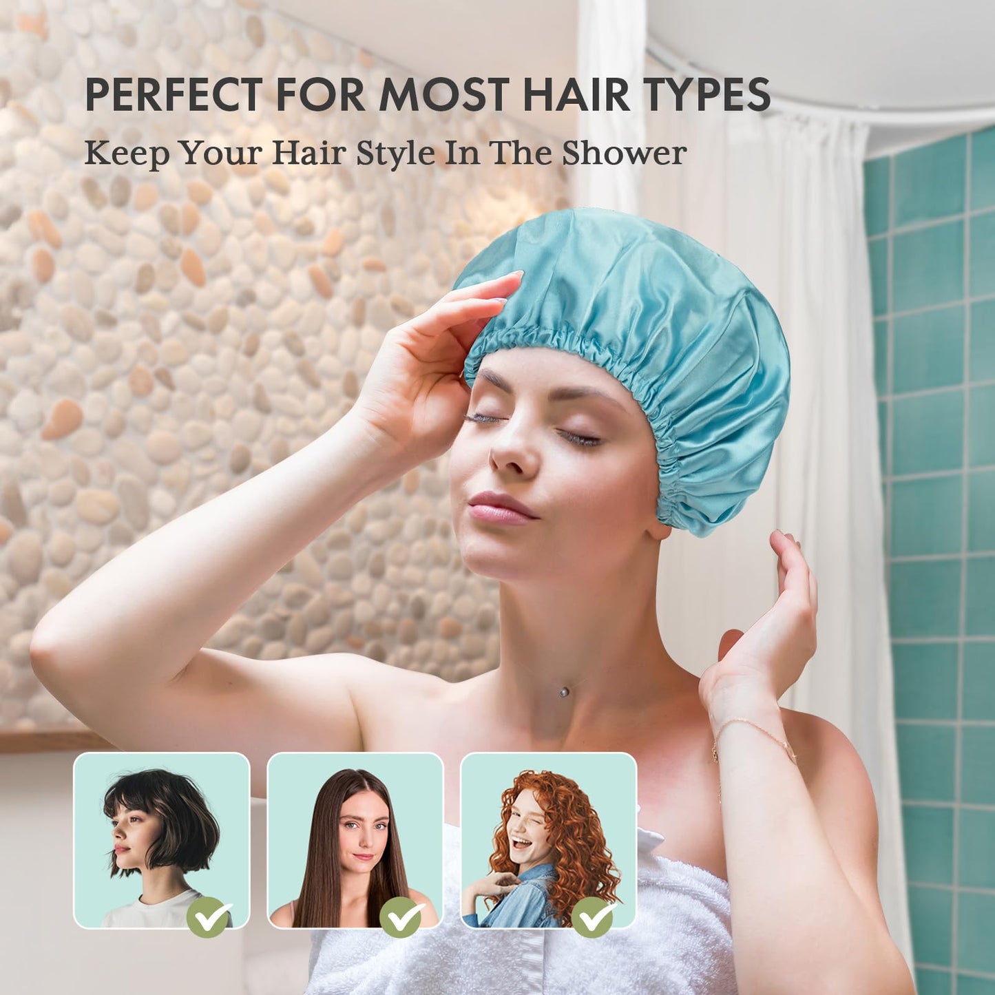 AmazerBath Shower Cap for Women, 4 PCS Double Waterproof Layers Shower Hair Caps, Elastic and Reusable Hair Cap, Environmental Protection Bathing Hat for Women Men Kids