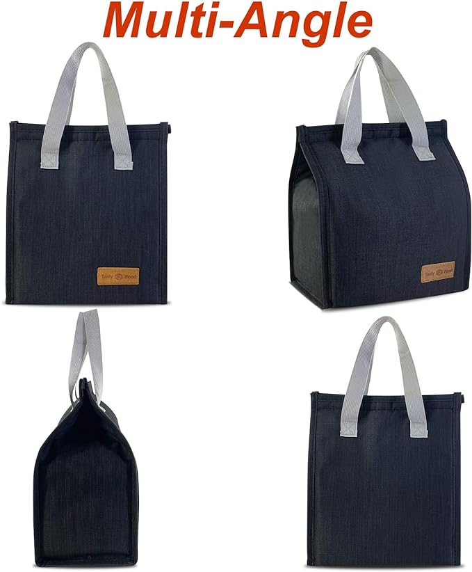 Mziart Minimalist Lunch Bag, Reusable Insulated Bag for Women Men Box Container Leakproof Simple Bento Tote Adults Cooler Work Office Picnic or Travel (Black) M23HK-LB-005-JJ