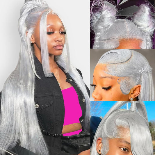 ANDRIA 13X4 HD Lace Front Wigs Straight Hair Glueless Lace Wigs Synthetic Long Silk Straight Natural Wig 200% Density Grey Wig Pre Plucked Lace Frontal Wigs With Baby Hair For Black Women 26 Inches