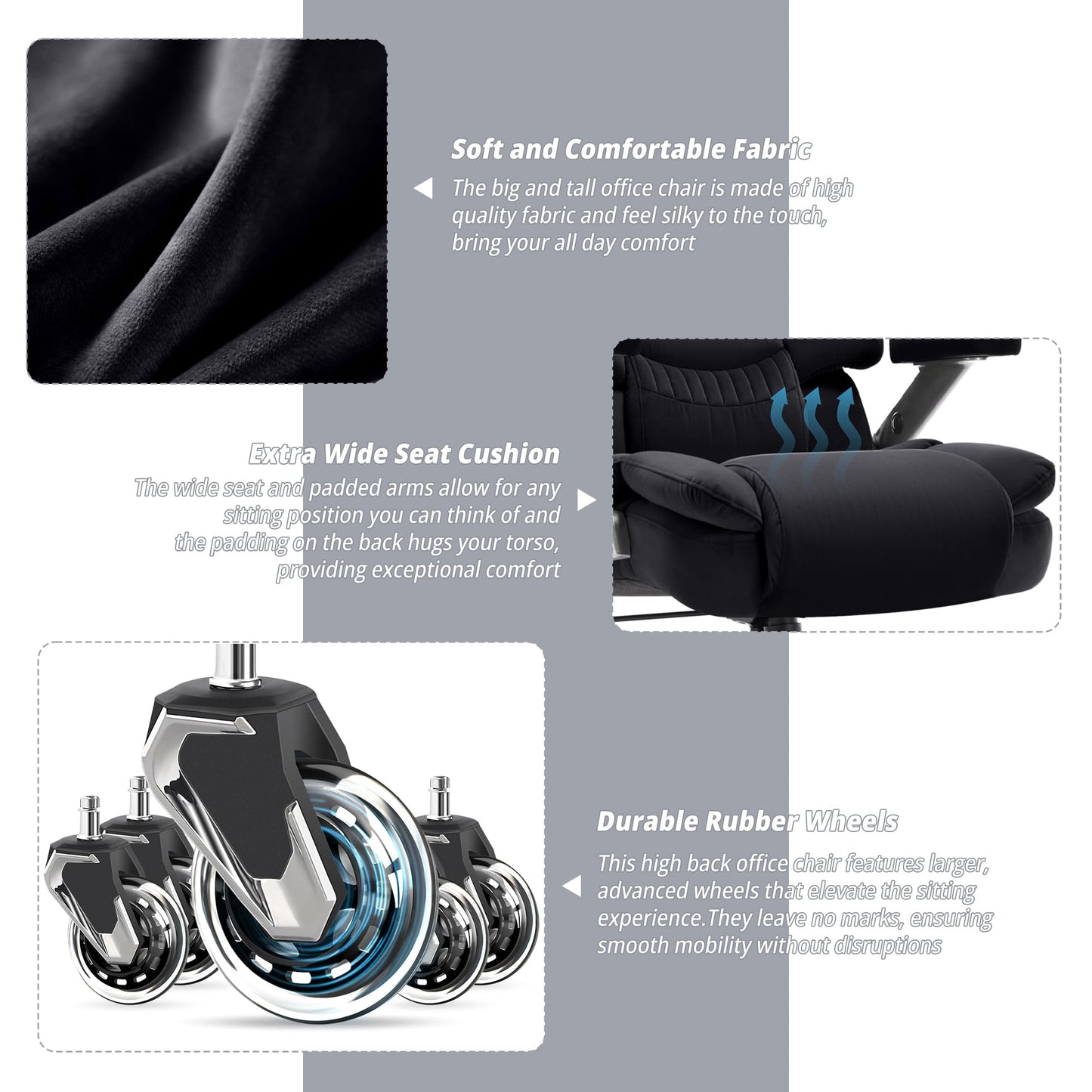 Big and Tall Office Chair 700lbs- Fabric High Back Executive Computer Chair with Adjustable Lumbar Support 3D Flip Arms Plus Size Rubber Wheels- Extra Wide Large Desk Chairs, Heavy Duty Metal Base