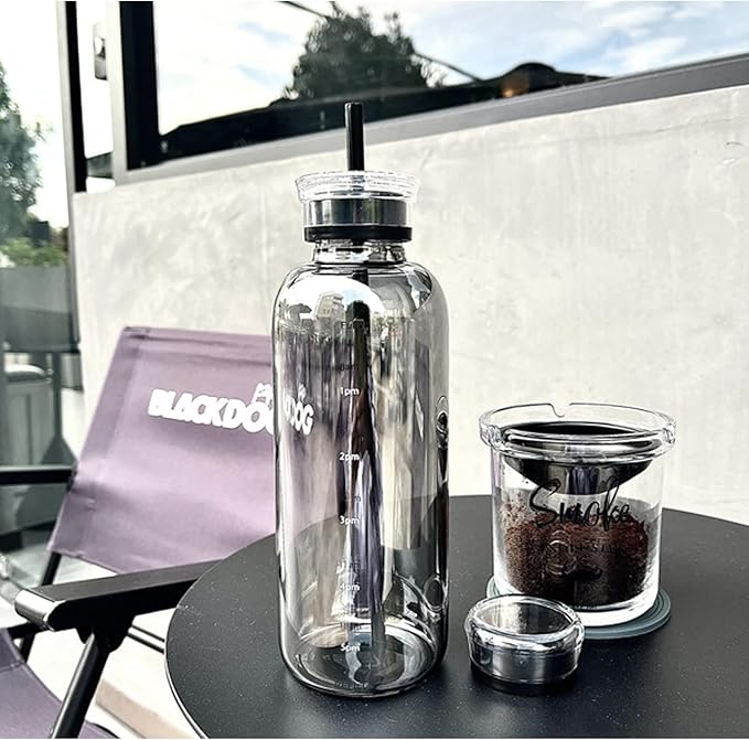 Glass Water Bottles With Double Lid,26OZ Clear Water Bottle With Time Marker,Water Bottle With Straw, Circle Water Bottle For Milk,Juice, Coffee(750ml,Grey)