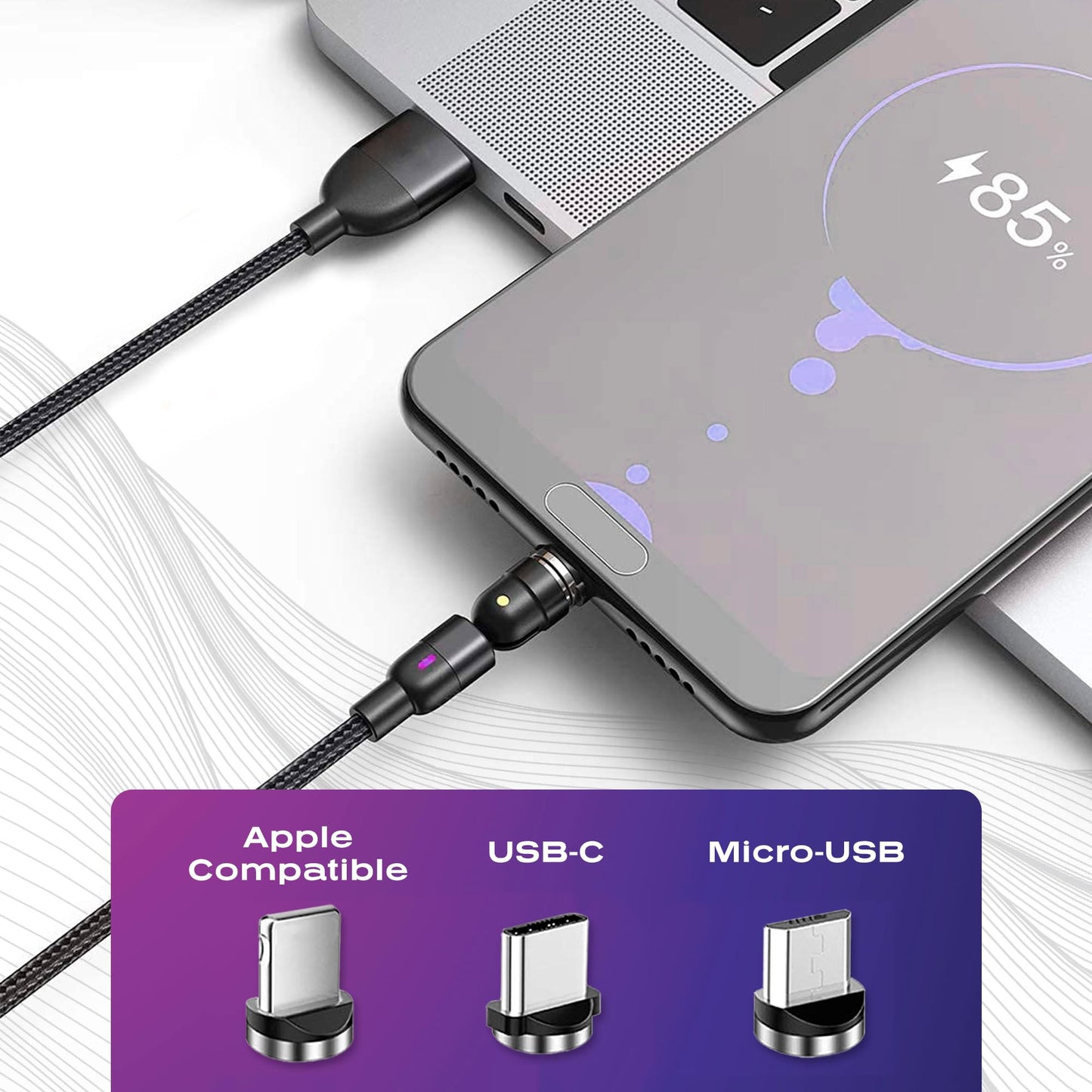 Statik 360 Magnetic Charging Cable - Type C Charger 3 in 1 USB C to USB C Cable, Micro USB & iProduct Tips, USB A Adapter, Phone Charger Cord, Compatible with All Devices - Black 3FT/1M