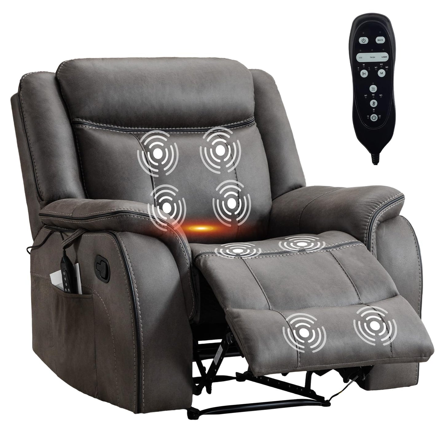 BAMCANFUR Massage Recliner Chair with Heated, Faux Leather Recliner Chairs for Adults, 39" Wide Manual Reclining Ergonomic Lounge Chair for Living Room with Overstuffed Backrest, Side Pocket, Grey