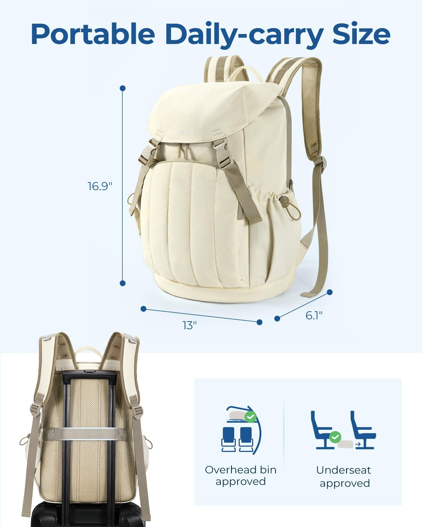 BAGSMART Backpack for Women, Wide Opening Travel Backpack, College Backpack for 15.6 Inch, Water-Resistant Quilted Daypack Lightweight Bookbag, Camel