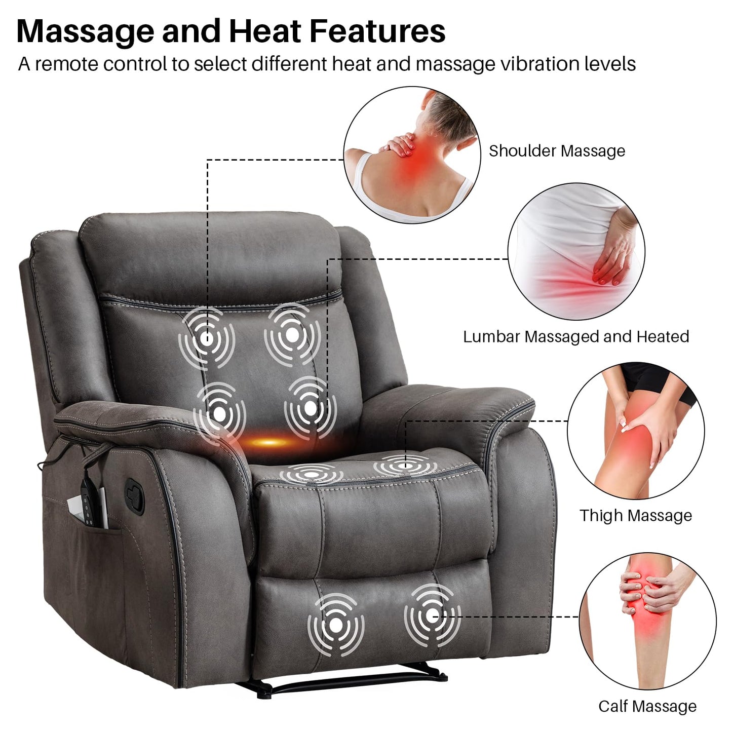 BAMCANFUR Massage Recliner Chair with Heated, Faux Leather Recliner Chairs for Adults, 39" Wide Manual Reclining Ergonomic Lounge Chair for Living Room with Overstuffed Backrest, Side Pocket, Grey