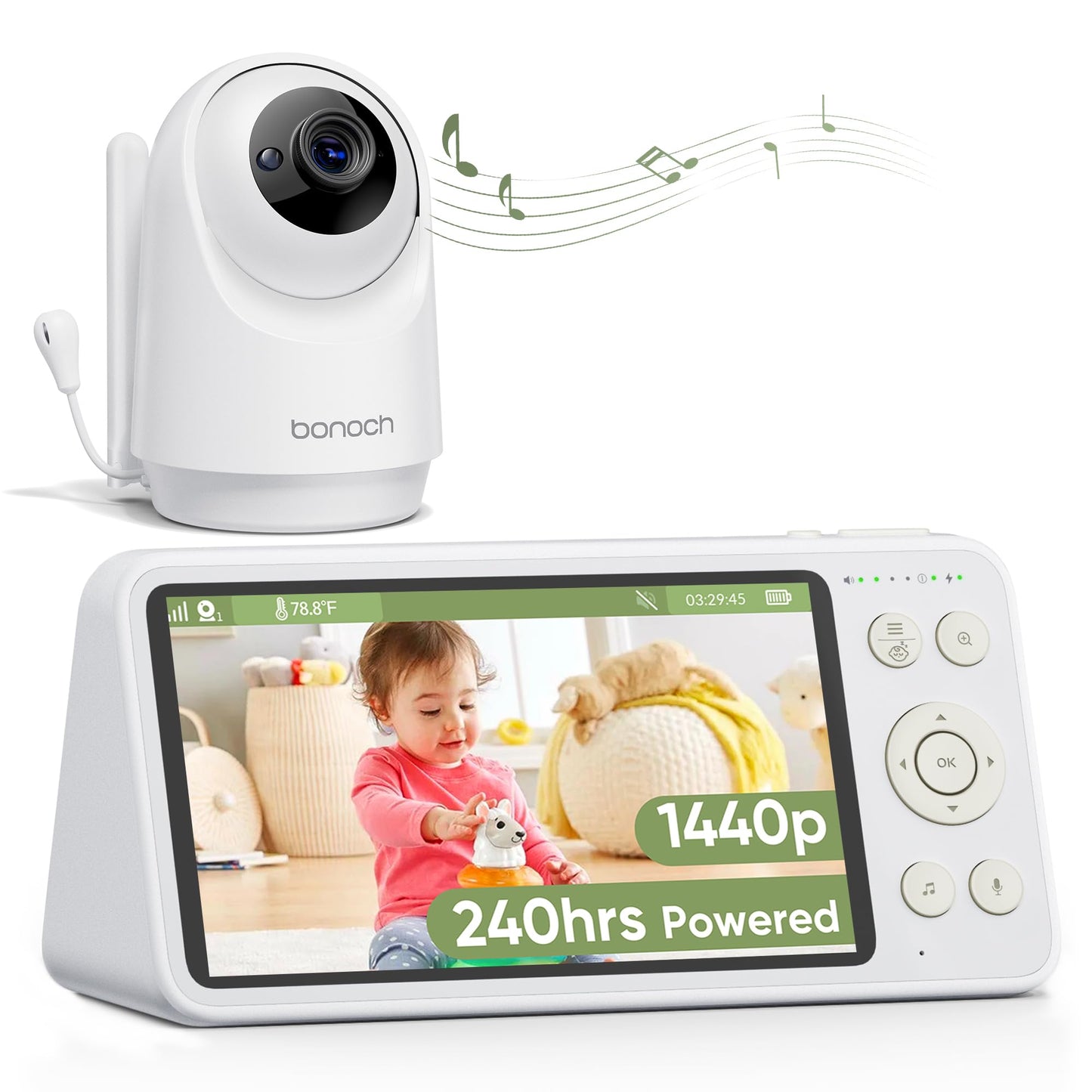 bonoch 5.5" 1440p Baby Monitor with Camera and Audio, No WiFi Baby Camera, 240h Lasting, Smart Detect Sleep Turn Over/Cry/Motion, 7800mAh, Hack Proof Video Monitor, Built-in Sound Machine White Noise