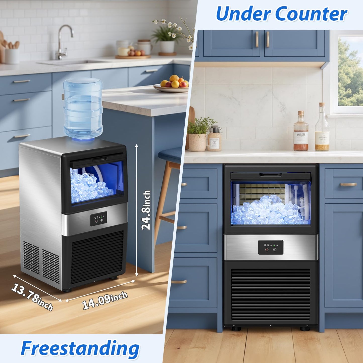 Ice Maker, Commercial Ice Machine,90Lbs/Day, Stainless Steel Ice Machine with 18Lbs Capacity,36 Ice Cubes Per Cycle Ideal for Restaurant, Bars, Home and Offices, Includes Scoop Silver