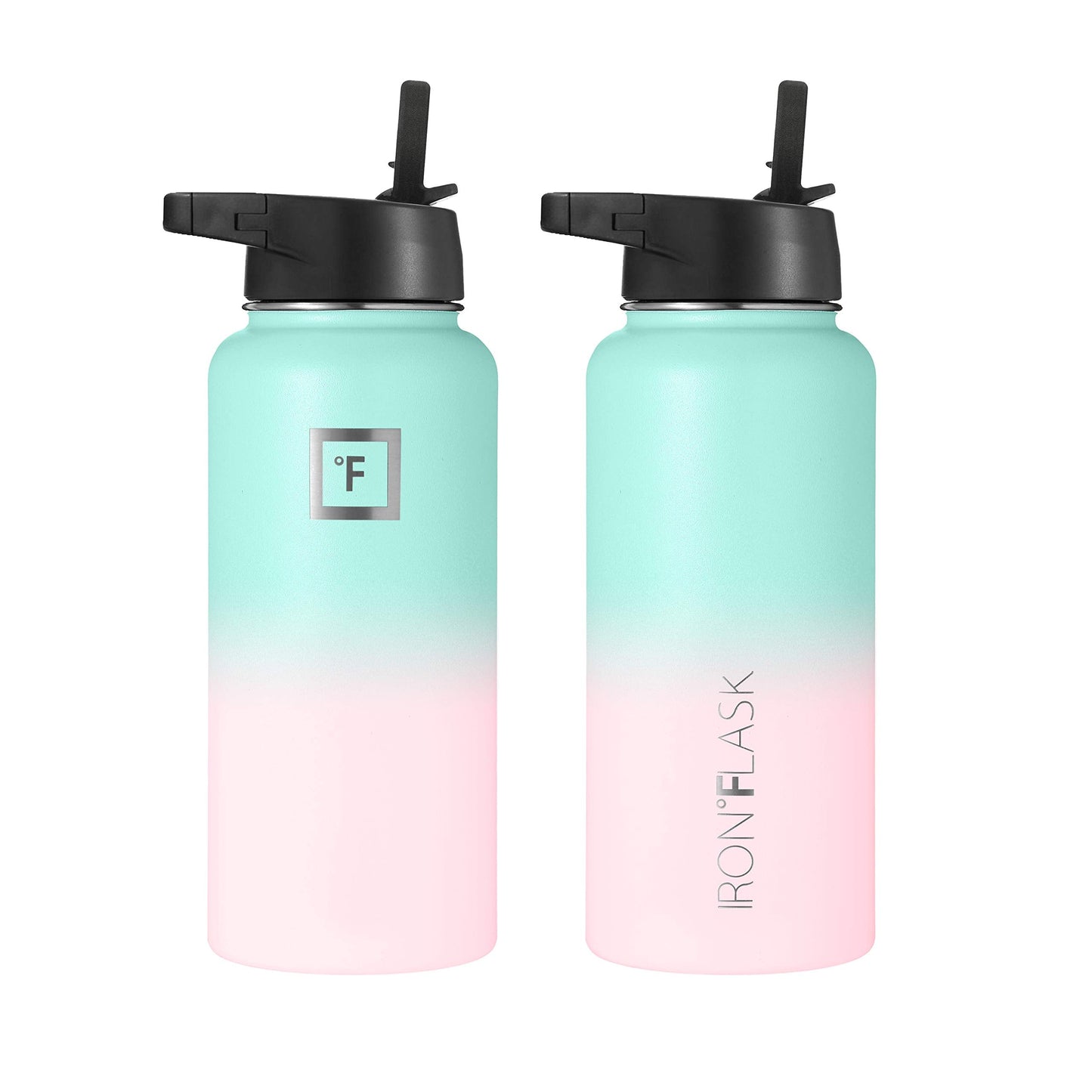 IRON °FLASK Camping & Hiking Hydration Flask, Wide Mouth, 3 Straw Lids, Stainless Steel Outdoor Water Bottle, Double Walled, Insulated Thermos, Metal Canteen - Bubble Gum, 32 Oz